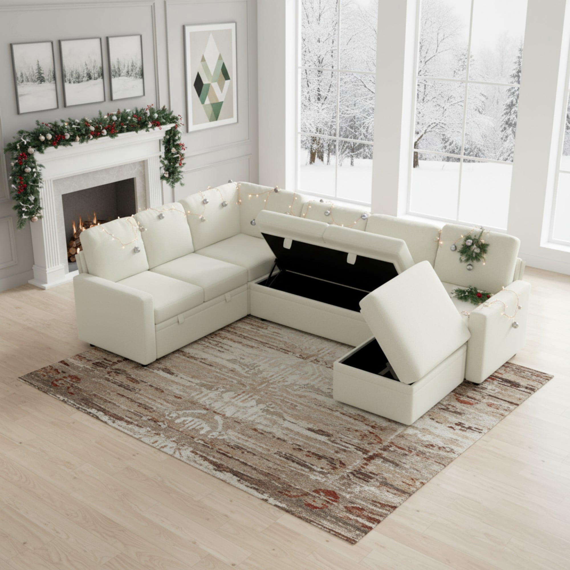 Gewnee 6-Seater Beige L-Shaped Convertible Sofa - Skin-Friendly & Wear-Resistant Chenille Fabric, Multifunctional Storage, for Living Rooms & Halls（including 1 footstool）