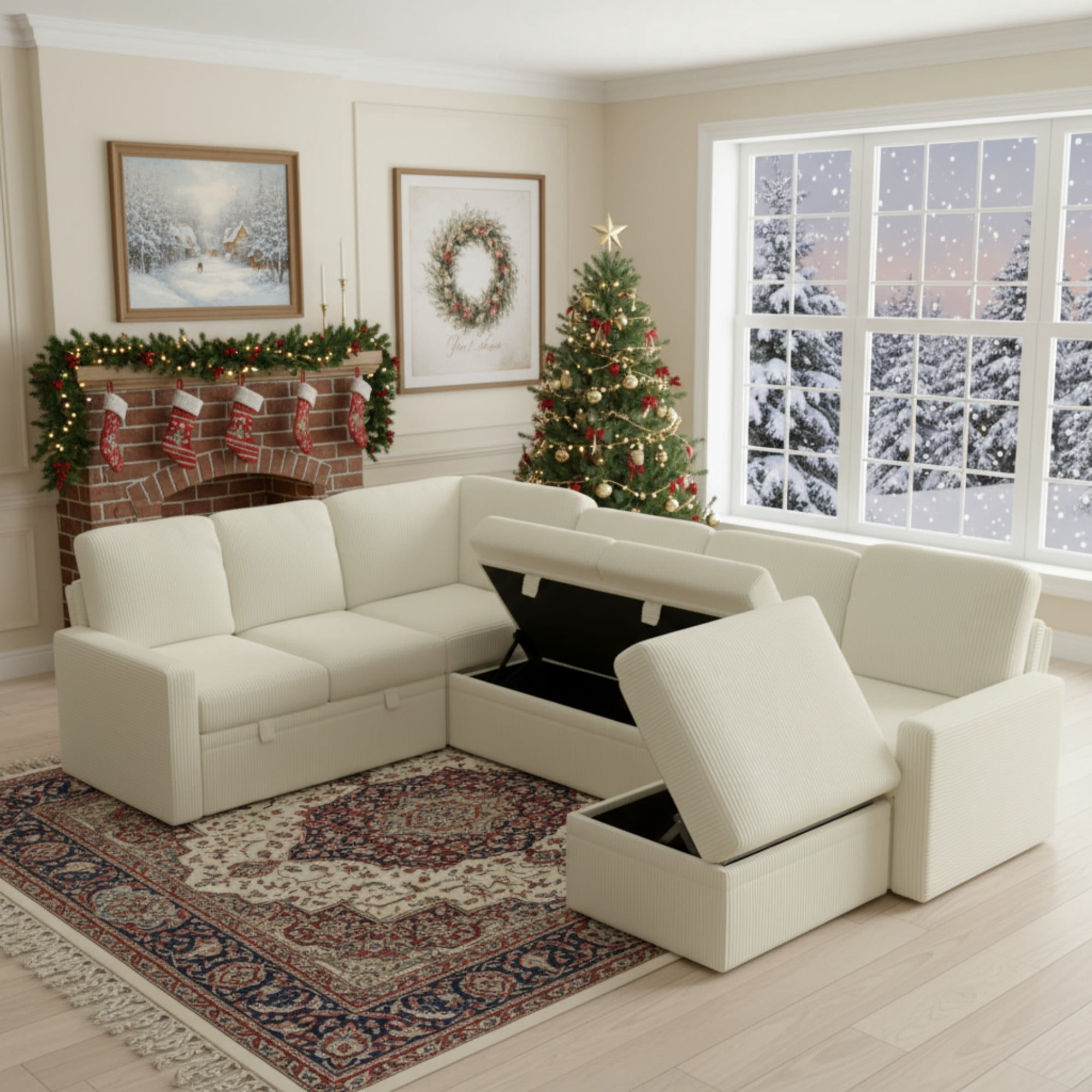 Gewnee 6-Seater Beige L-Shaped Convertible Sofa - Soft-Touch Corduroy Fabric,Multifunctional Storage, for Living Rooms & Halls（including 1 footstool）