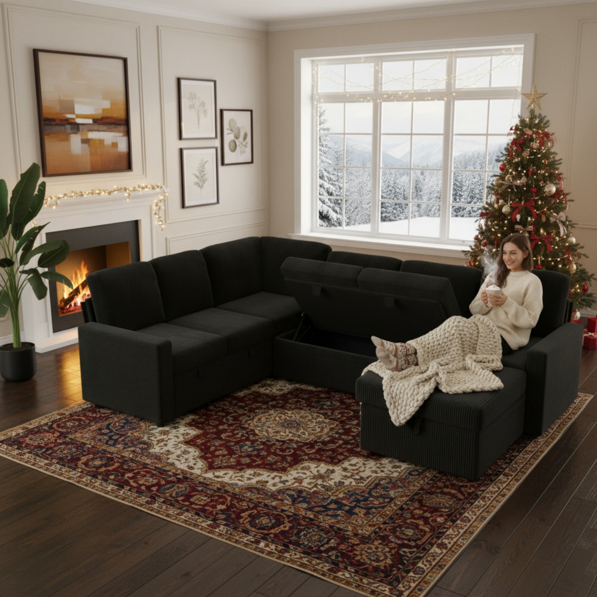 Gewnee 6-Seater Black L-Shaped Convertible Sofa - Soft-Touch Corduroy Fabric,Multifunctional Storage, for Living Rooms & Halls（including 1 footstool）