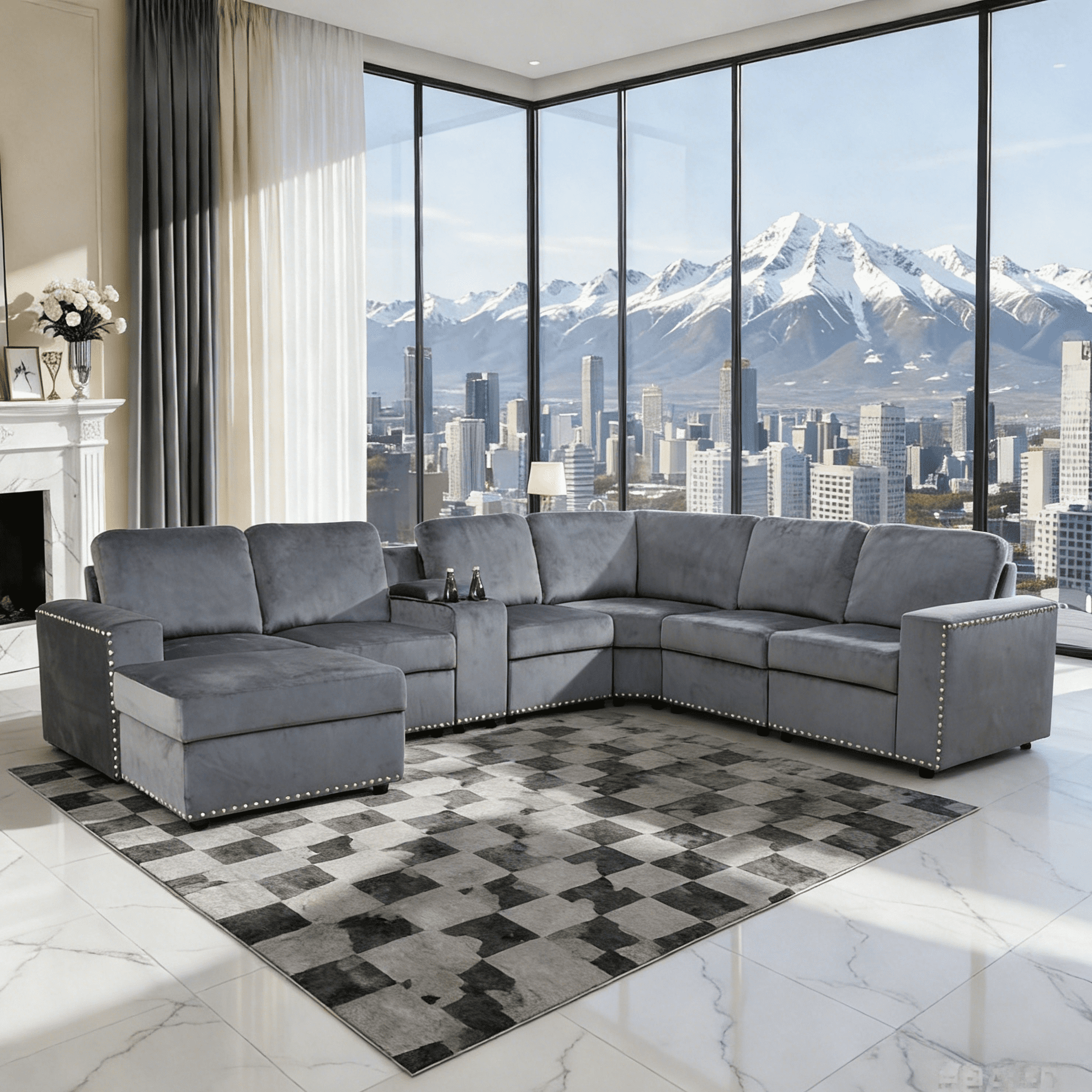 Gewnee 6 Seat Sofa Set with Ottoman, Microfiber Upholstered Sofa, Solid Wood Frame, Storage Console with Cup Holders, Living Room, Dark Gray