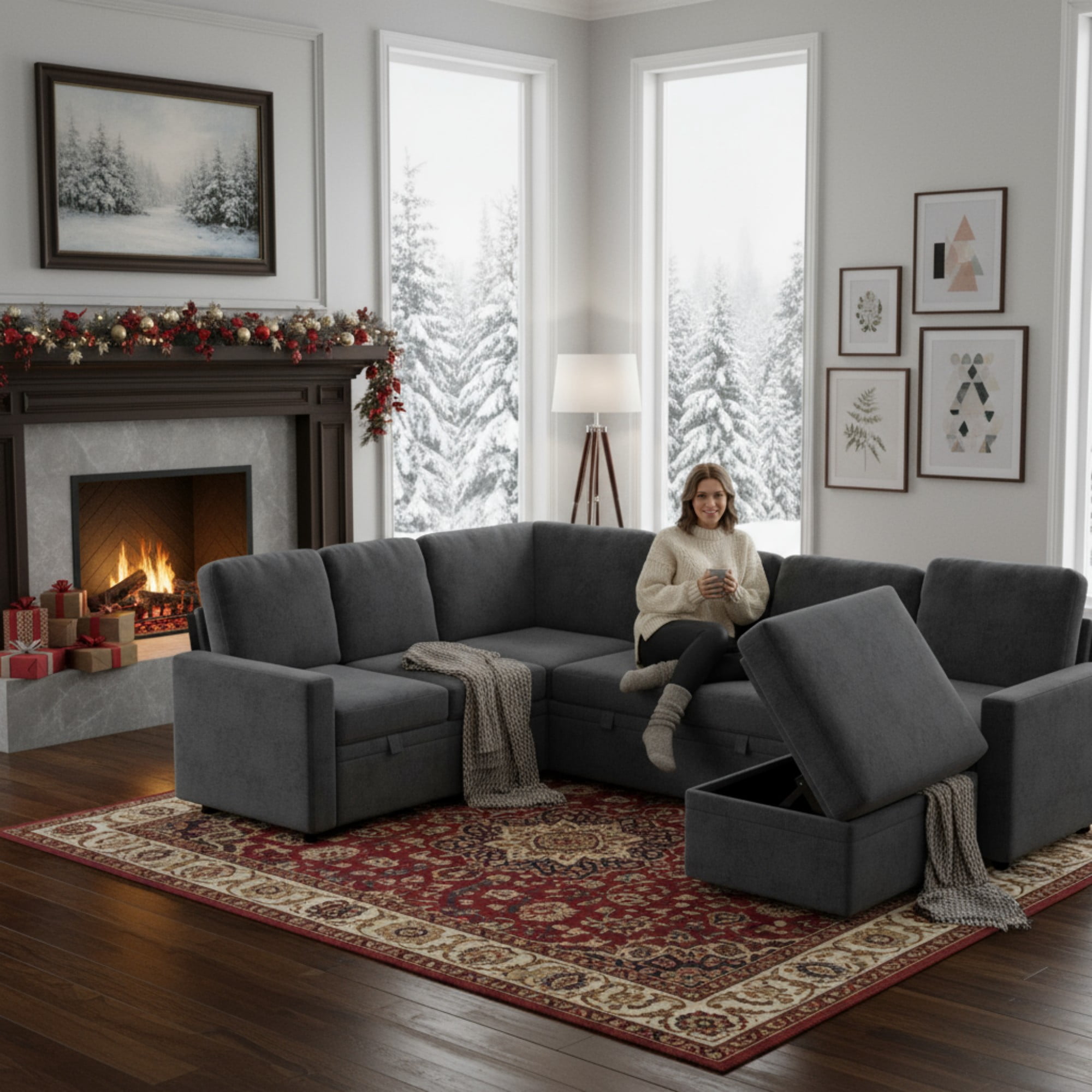 Gewnee 6-Seater Gray L-Shaped Convertible Sofa - Skin-Friendly & Wear-Resistant Chenille Fabric, Multifunctional Storage, for Living Rooms & Halls（including 1 footstool）