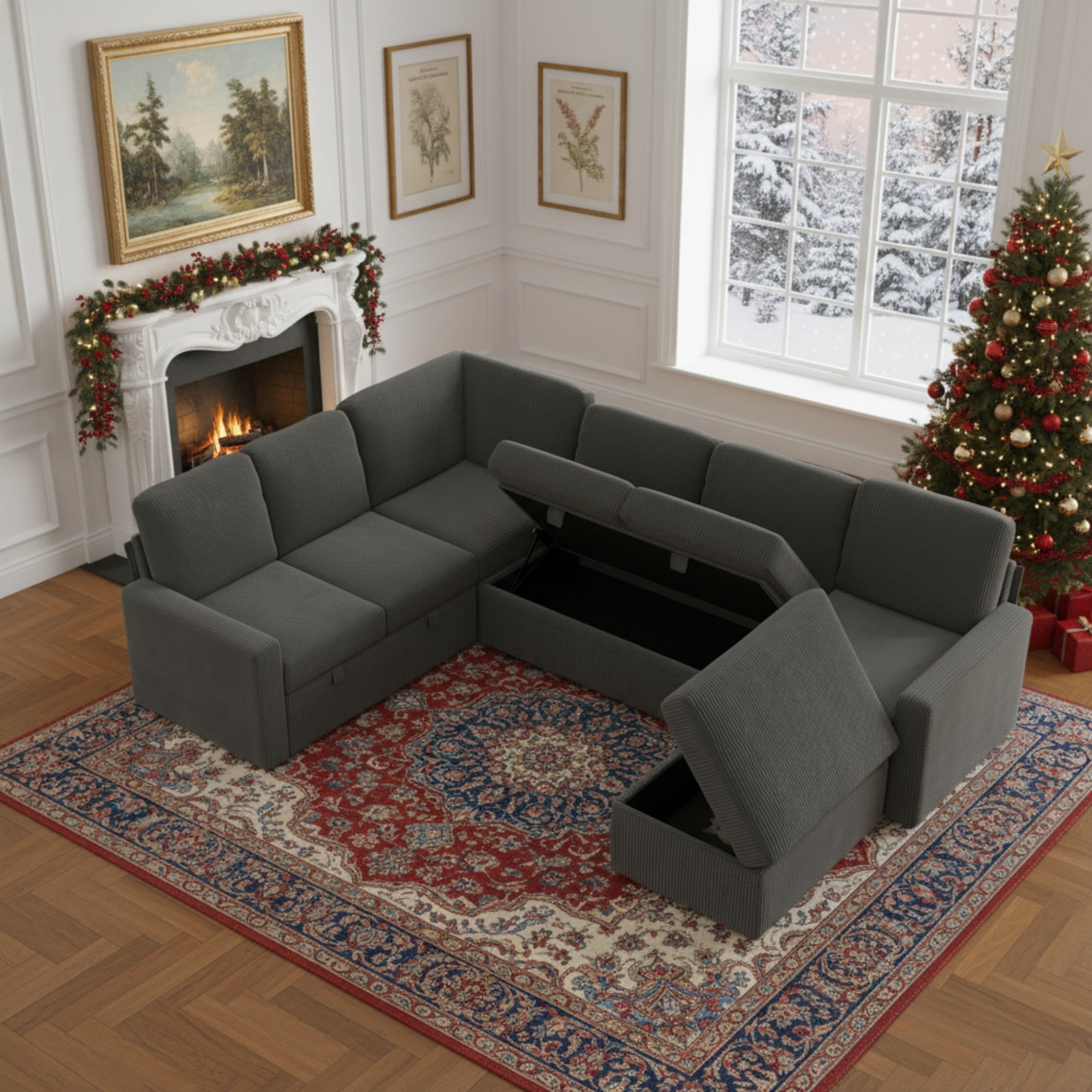 Gewnee 6-Seater Gray L-Shaped Convertible Sofa - Soft-Touch Corduroy Fabric,Multifunctional Storage, for Living Rooms & Halls（including 1 footstool）