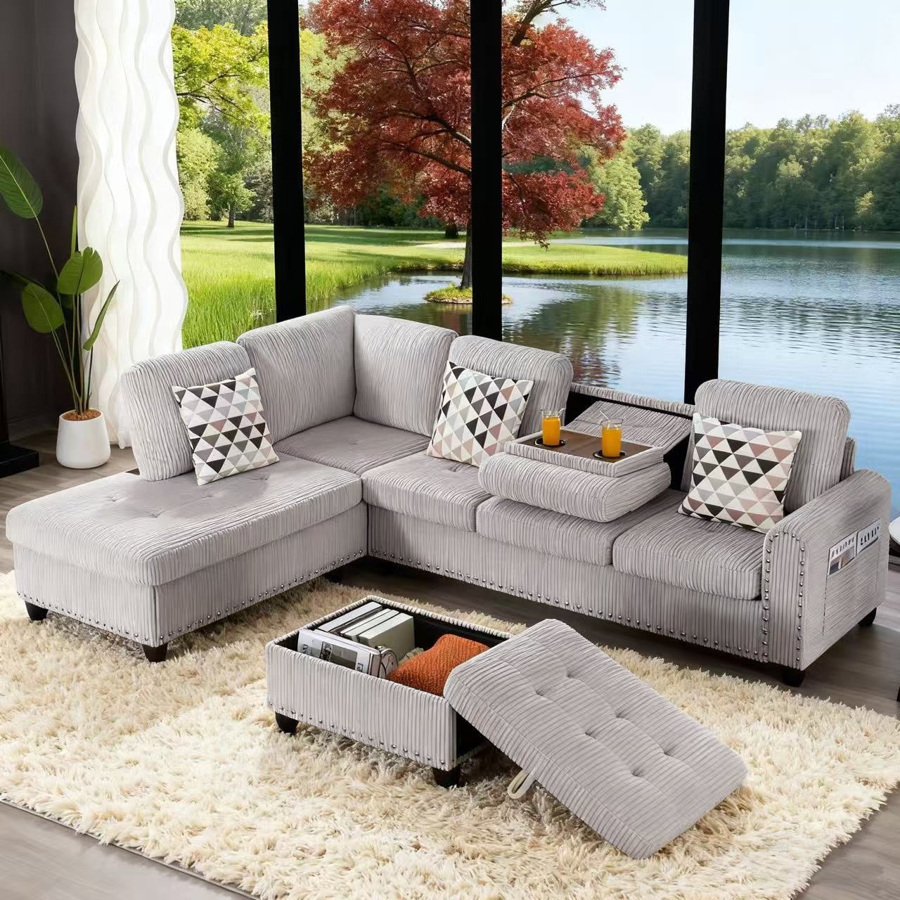 Gewnee 6 Seaters 94.49”L-Shaped Modular Sectional Sofa Couch ,Corduroy Fabric 2 Built-in Cup Holders with Storage Ottoman for Living Room