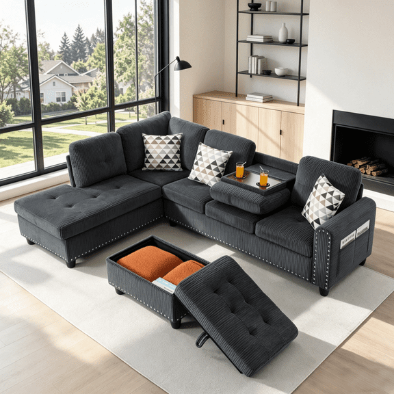 Gewnee 94.49"Modular Sectional Sofa with Storage Ottoman,L-Shaped Comfort Sofa with Cup Holders & Nailhead Trim,Modern Corduroy Couch for Living Room.Dark Grey