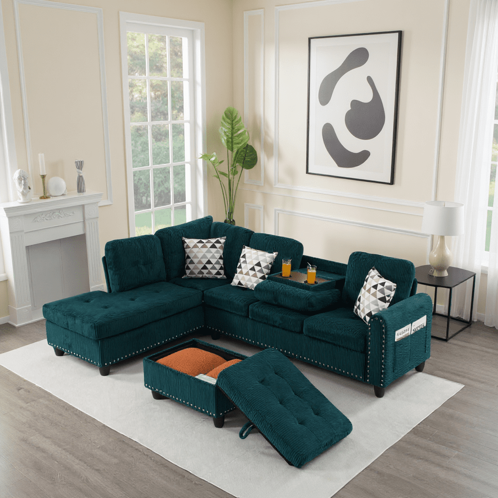 Gewnee 6 Seaters 94.49”L-Shaped Modular Sectional Sofa Couch ,Corduroy Fabric 2 Built-in Cup Holders with Storage Ottoman for Living Room