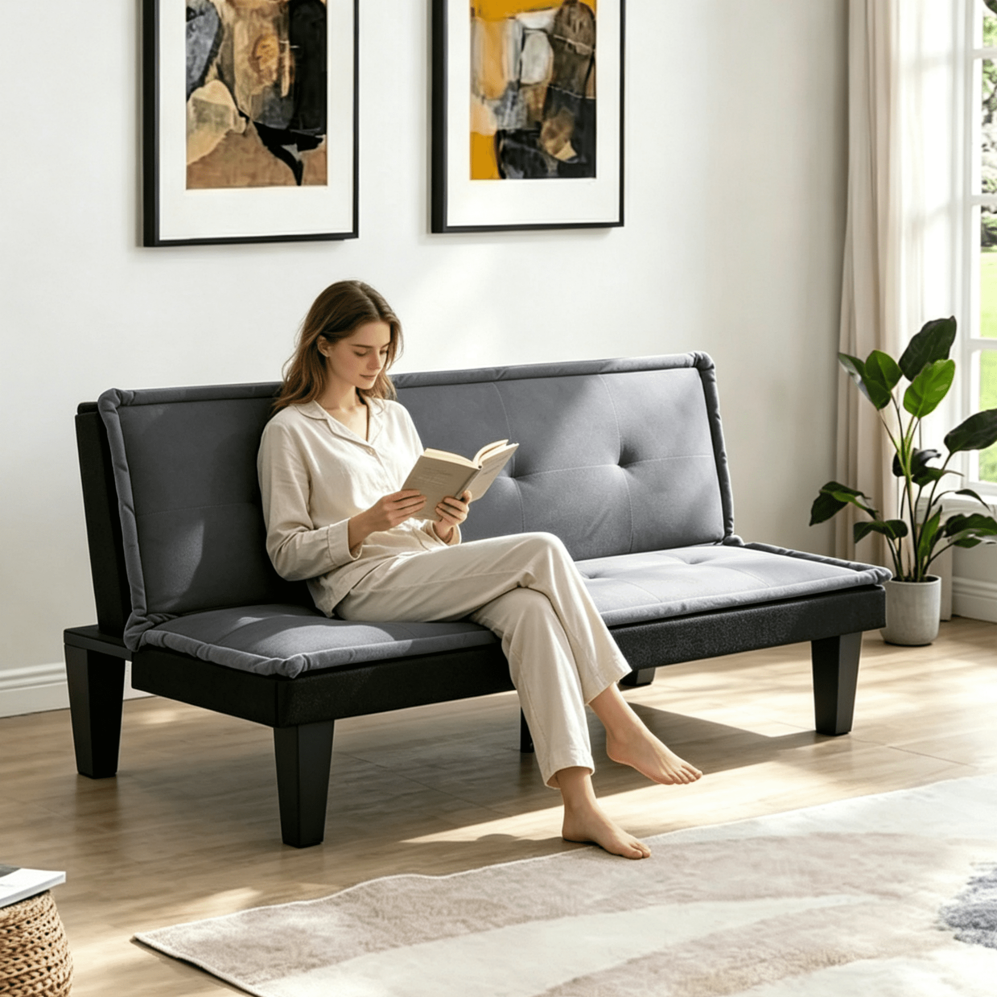 Gewnee 62.99”Faux Suede Convertible Futon Sofa Bed,Upholstered Futon Couch with 5 Adjustable Backrest Angles,Sleeper Couch for Small Spaces,Living Room or Office.Dark Grey