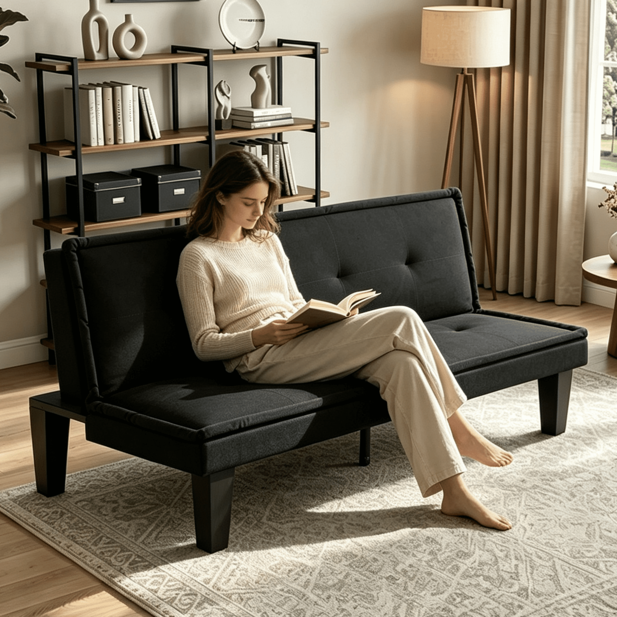 Gewnee 62.99”Faux Suede Convertible Futon Sofa Bed,Upholstered Futon Couch with 5 Adjustable Backrest Angles,Sleeper Couch for Small Spaces,Living Room or Office.Black