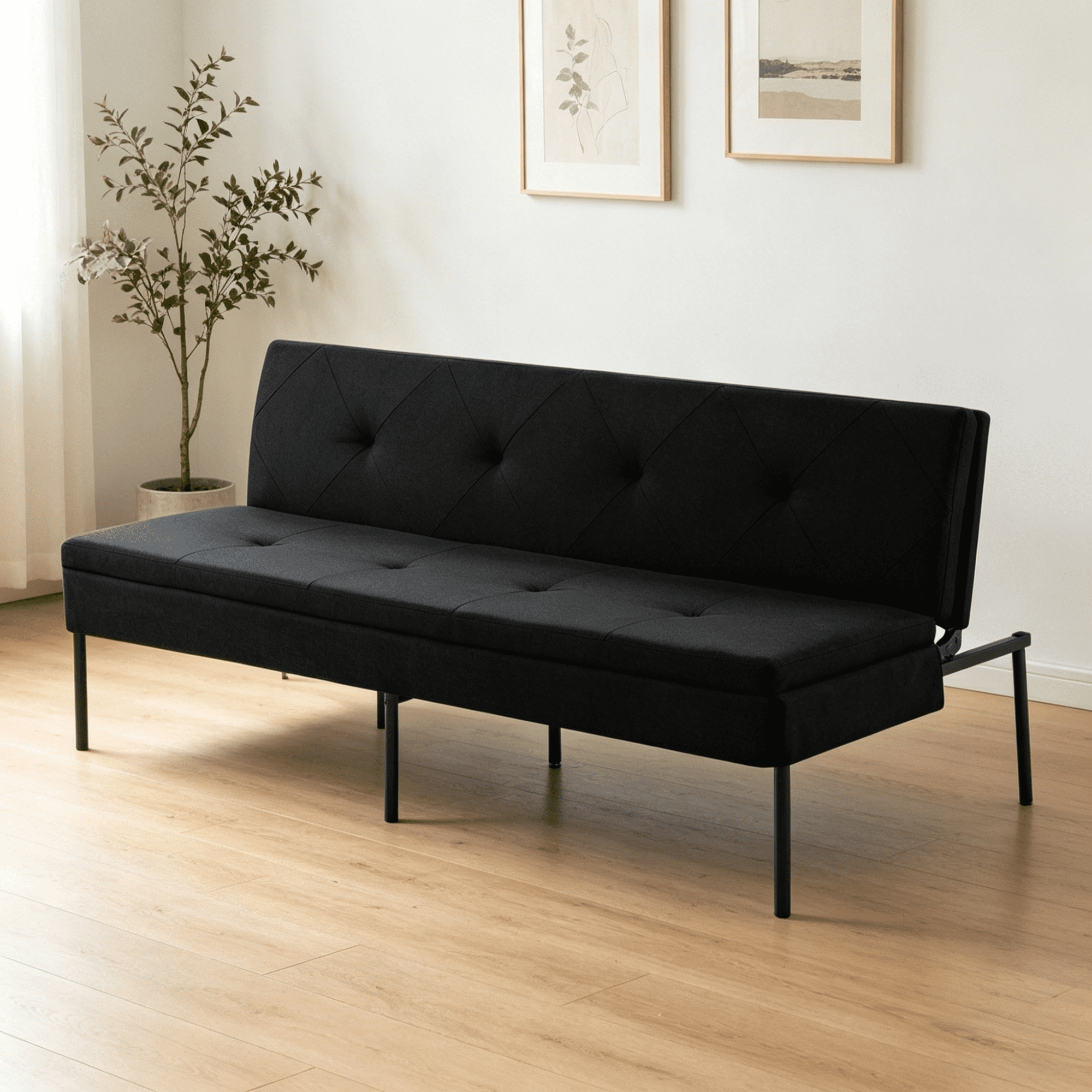 Gewnee 63.39”Futon Sofa Bed,Convertible Sleeper Couch - Iron Frame & 5 Adjustable Positions,Perfect for Living Room,Office,Apartment,Black