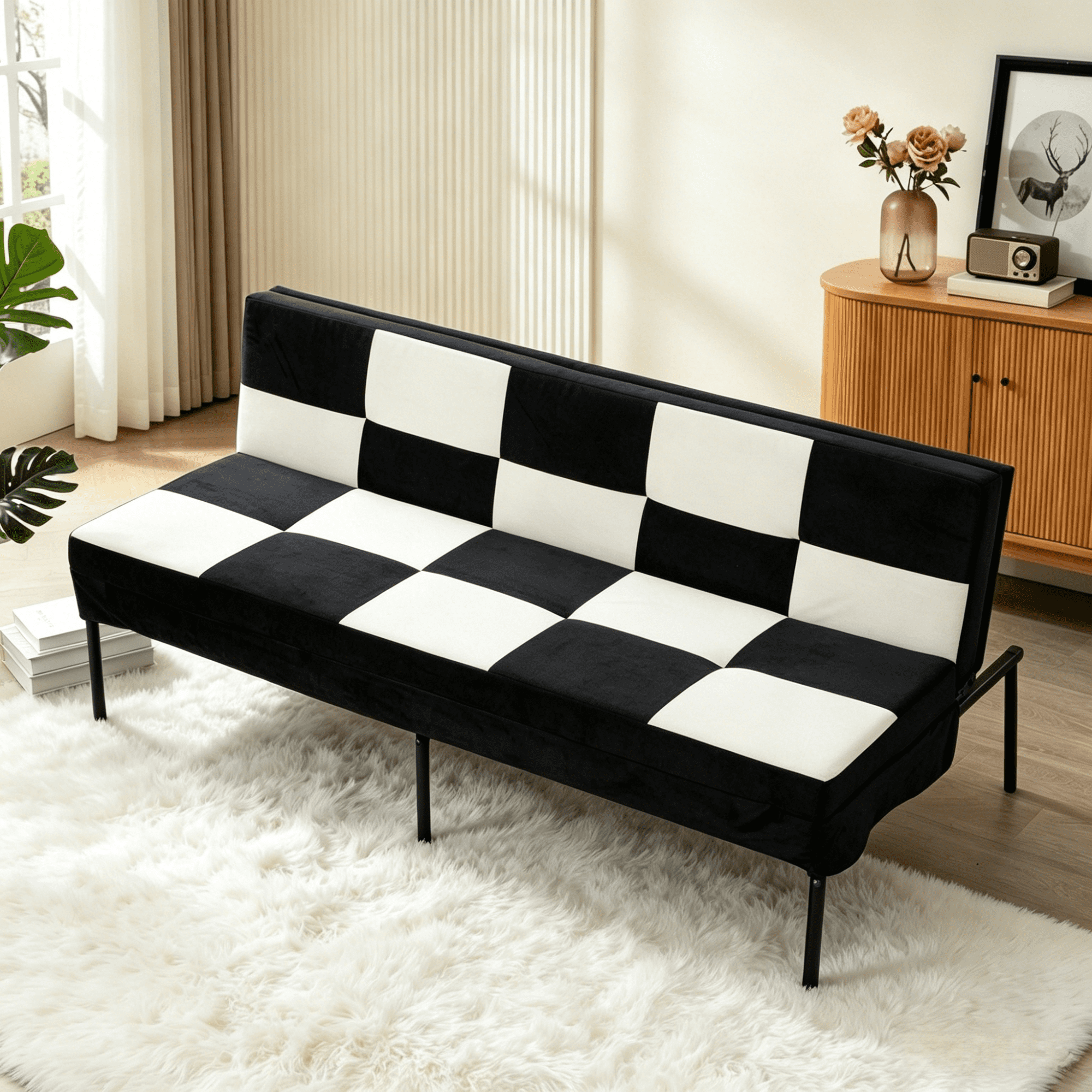 Gewnee 63.58”Velvet Futon Sofa Bed – Modern Convertible Sleeper with 5 Adjustable Positions,Modern Sleeper Sofa for Living Room,Office,Apartment.Black&White