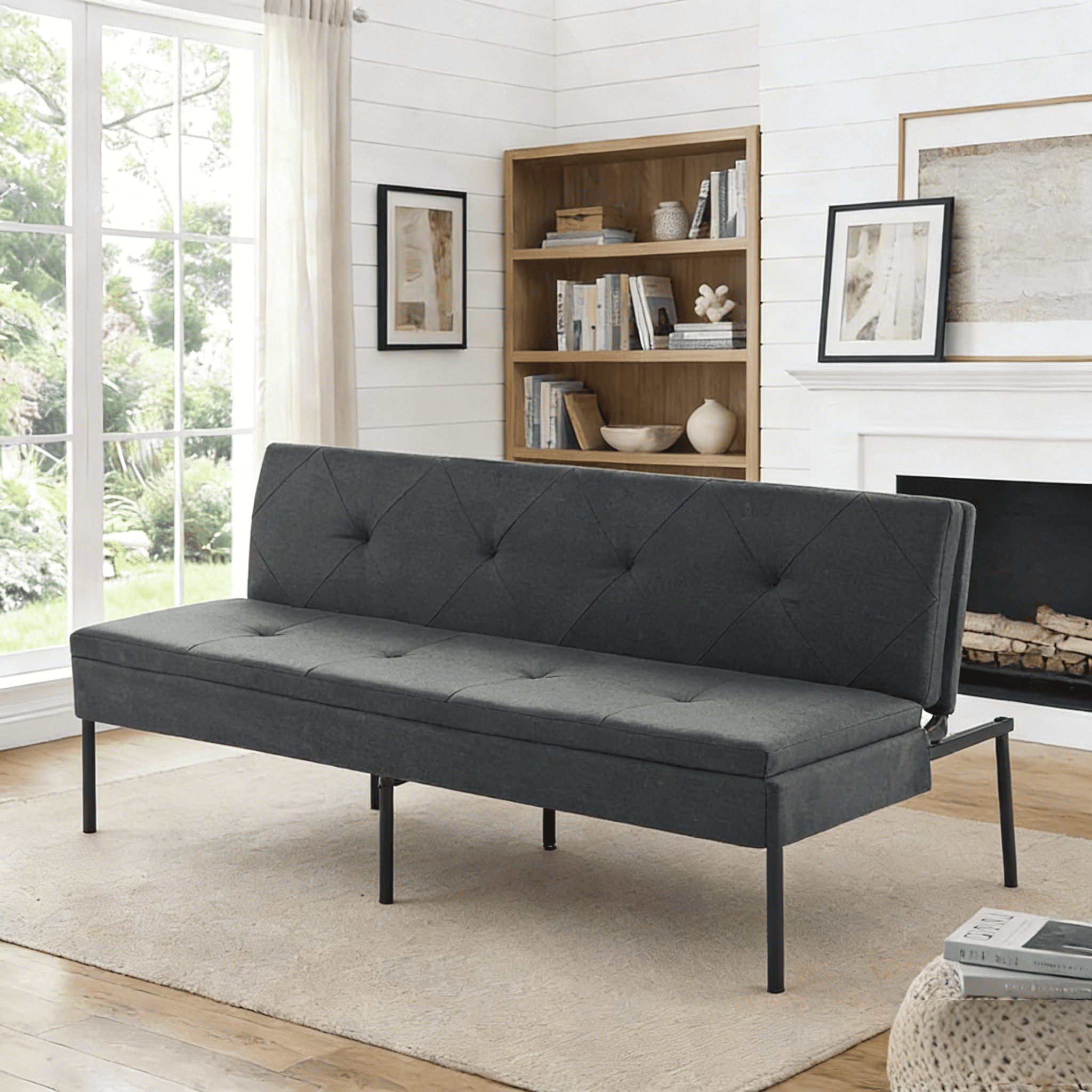 Gewnee 63.39”Futon Sofa Bed,Convertible Sleeper Couch - Iron Frame & 5 Adjustable Positions,Perfect for Living Room,Office,Apartment,Dark Grey