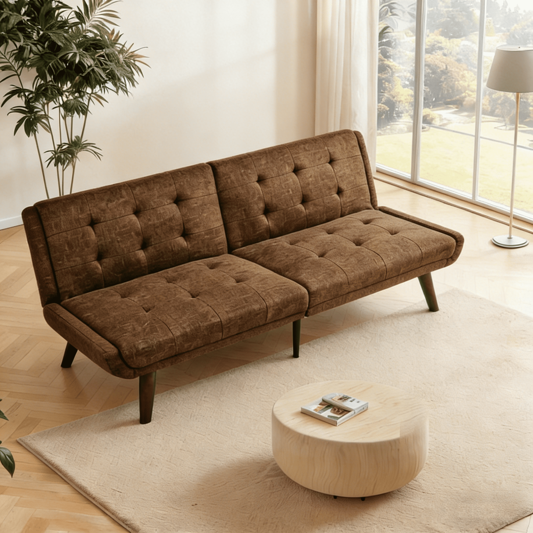 Gewnee 63 Inch 3-in-1 Linen Convertible Sofa Bed for Living Room, Apartment and Bedroom，Brown