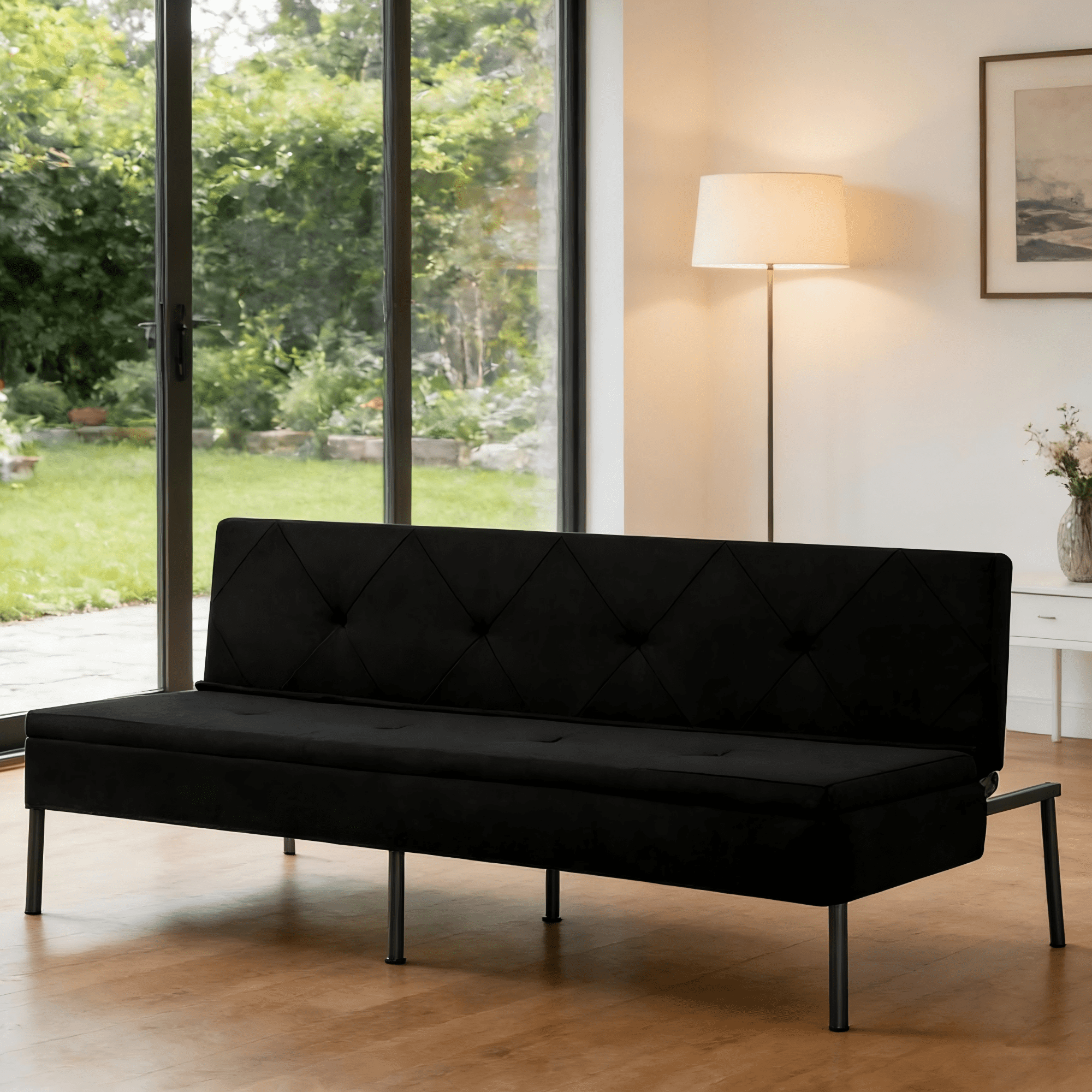 Gewnee 63" Modern Convertible Futon Sofa Bed,Pull-Out Sleeper with Adjustable Backrest(Black)