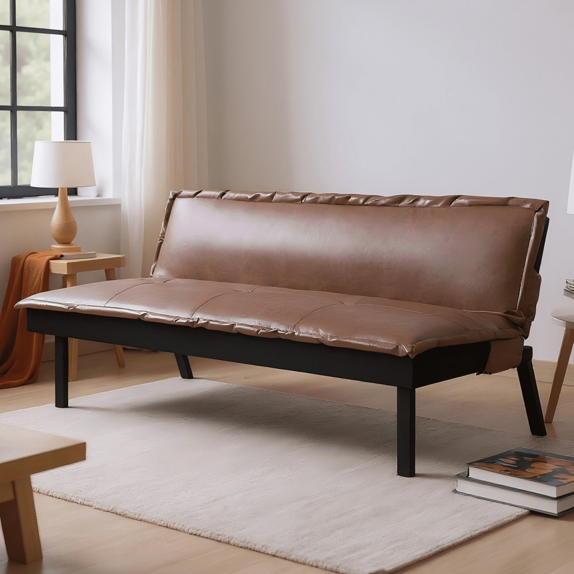 Gewnee 64.6" Convertible Sleeper Sofa Bed, PU Futon Couch with Push-Back Mechanism, Modern Sofa Bed for Living Room, Guest Room, Small Space(Brown)