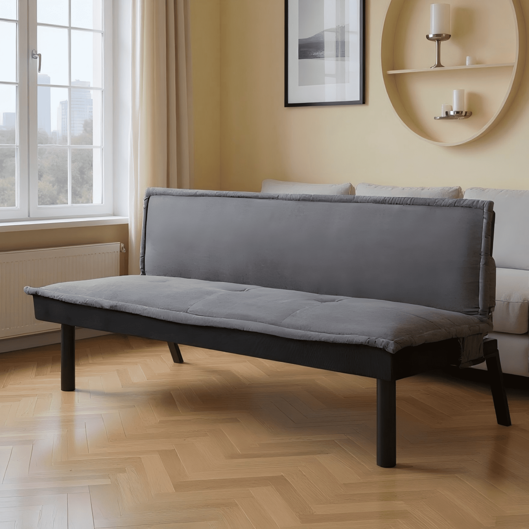 Gewnee 64.6" Convertible Sleeper Sofa Bed, Velvet Futon Couch , Modern Sofa Bed for Living Room, Guest Room, Small Space(Dark Gray)