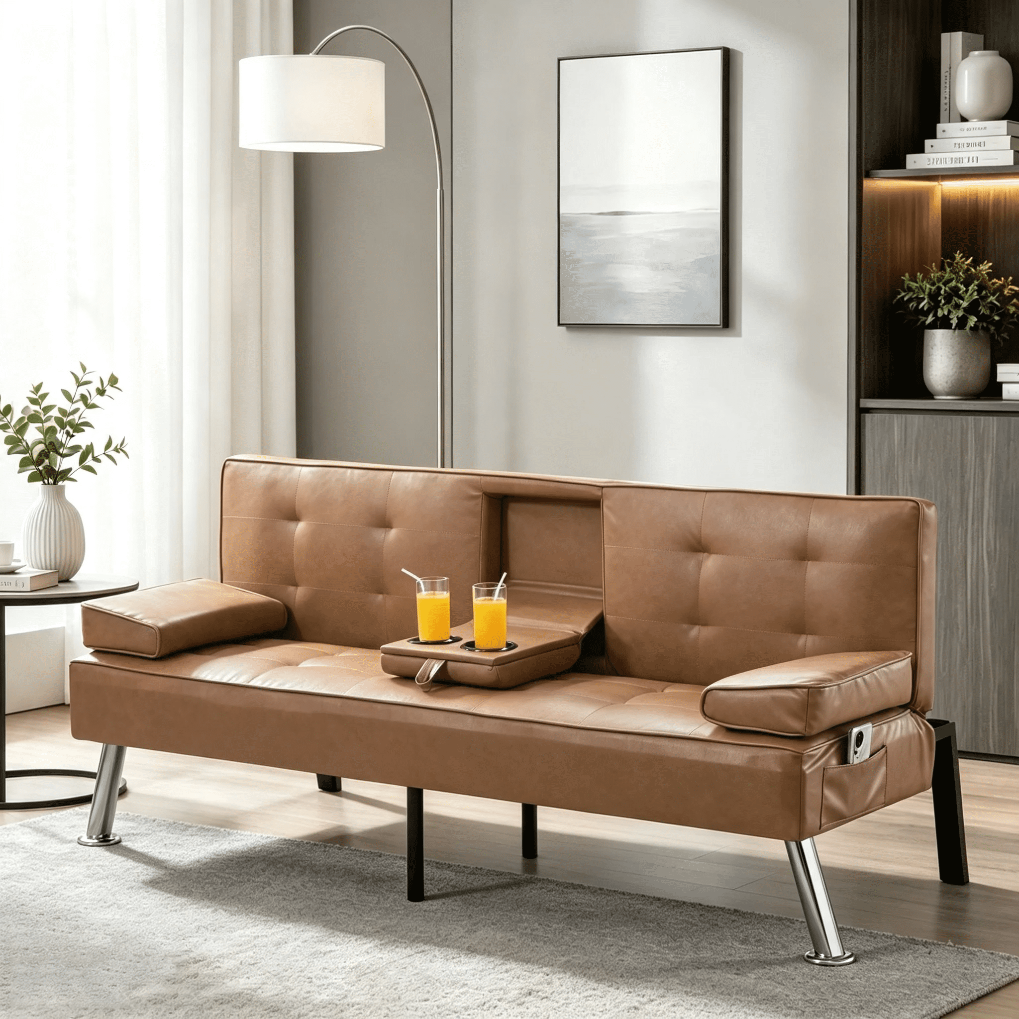 Gewnee 65.3" 3‑in‑1 Convertible Futon Sleeper Sofa, PU Leather Foldable Sleeper Couch with Adjustable Backrest,Sofa Bed with Cup Holders & Storage Bag for Small Apartments & Office，Tan