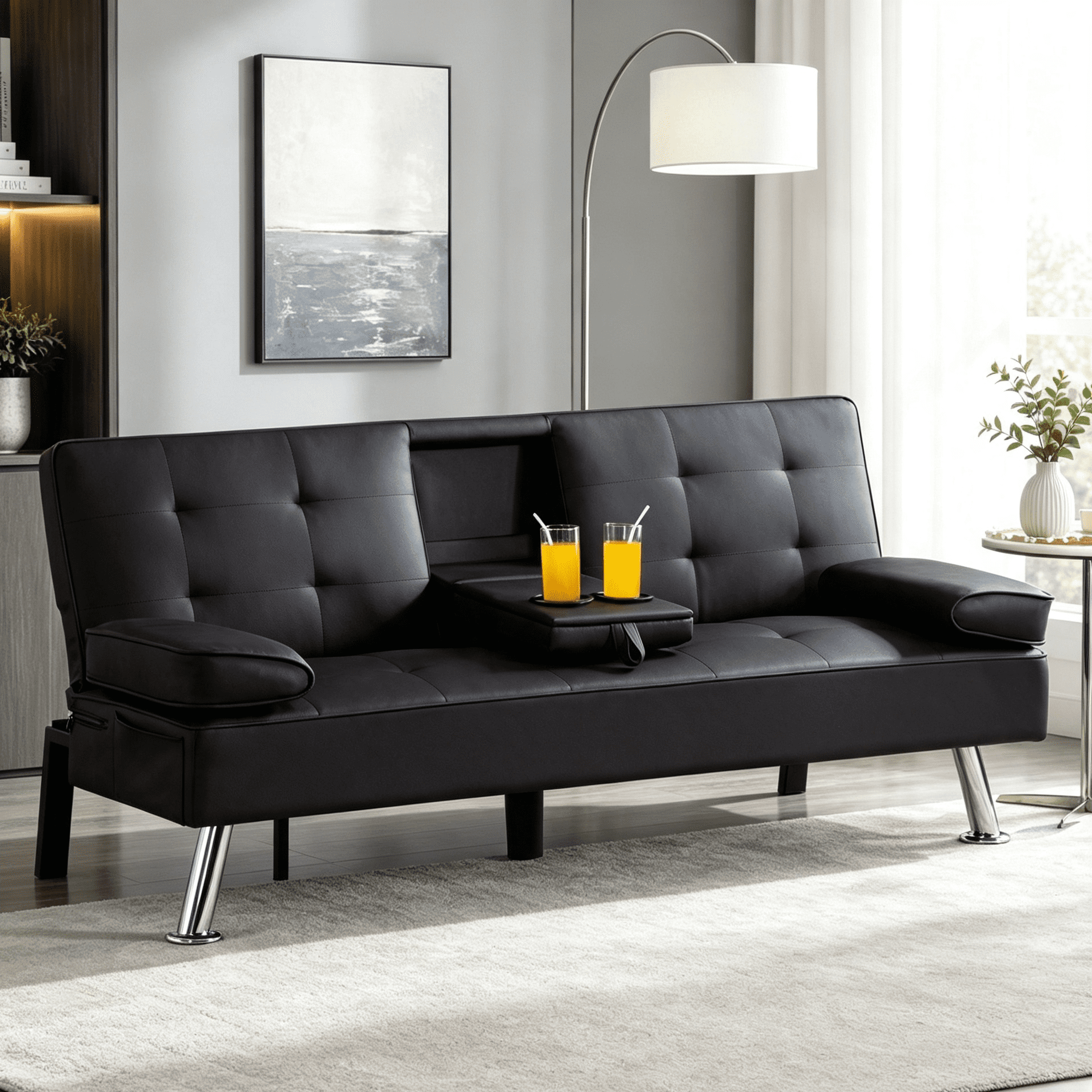 Gewnee 65.3" 3‑in‑1 Convertible Futon Sleeper Sofa, PU Leather Foldable Sleeper Couch with Adjustable Backrest,Sofa Bed with Cup Holders & Storage Bag for Small Apartments & Office，Black