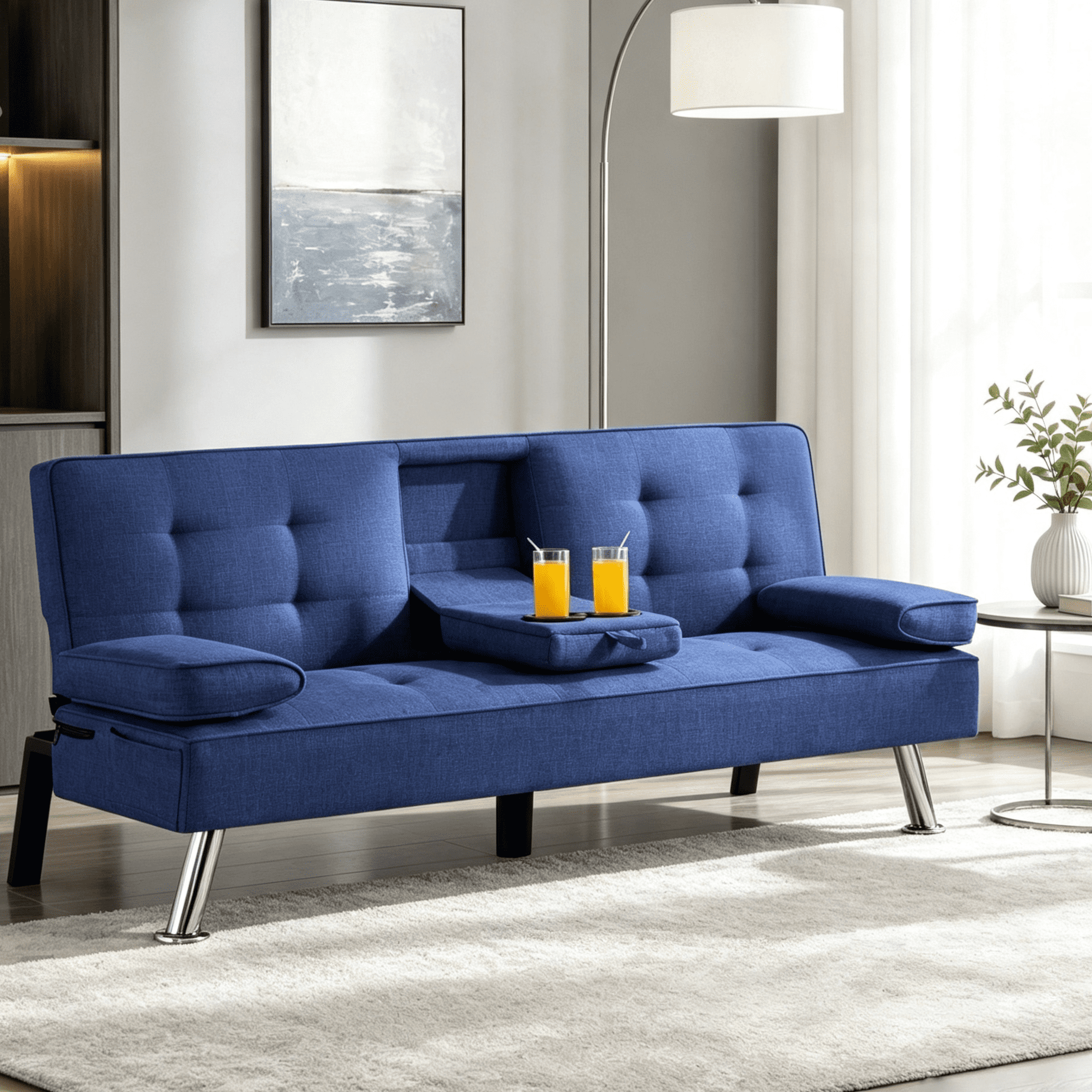 Gewnee 65.3" 3‑in‑1 Convertible Futon Sleeper Sofa, Polyester Foldable Sleeper Couch with Adjustable Backrest,Sofa Bed with Cup Holders & Storage Bag for Small Apartments，Navy Blue