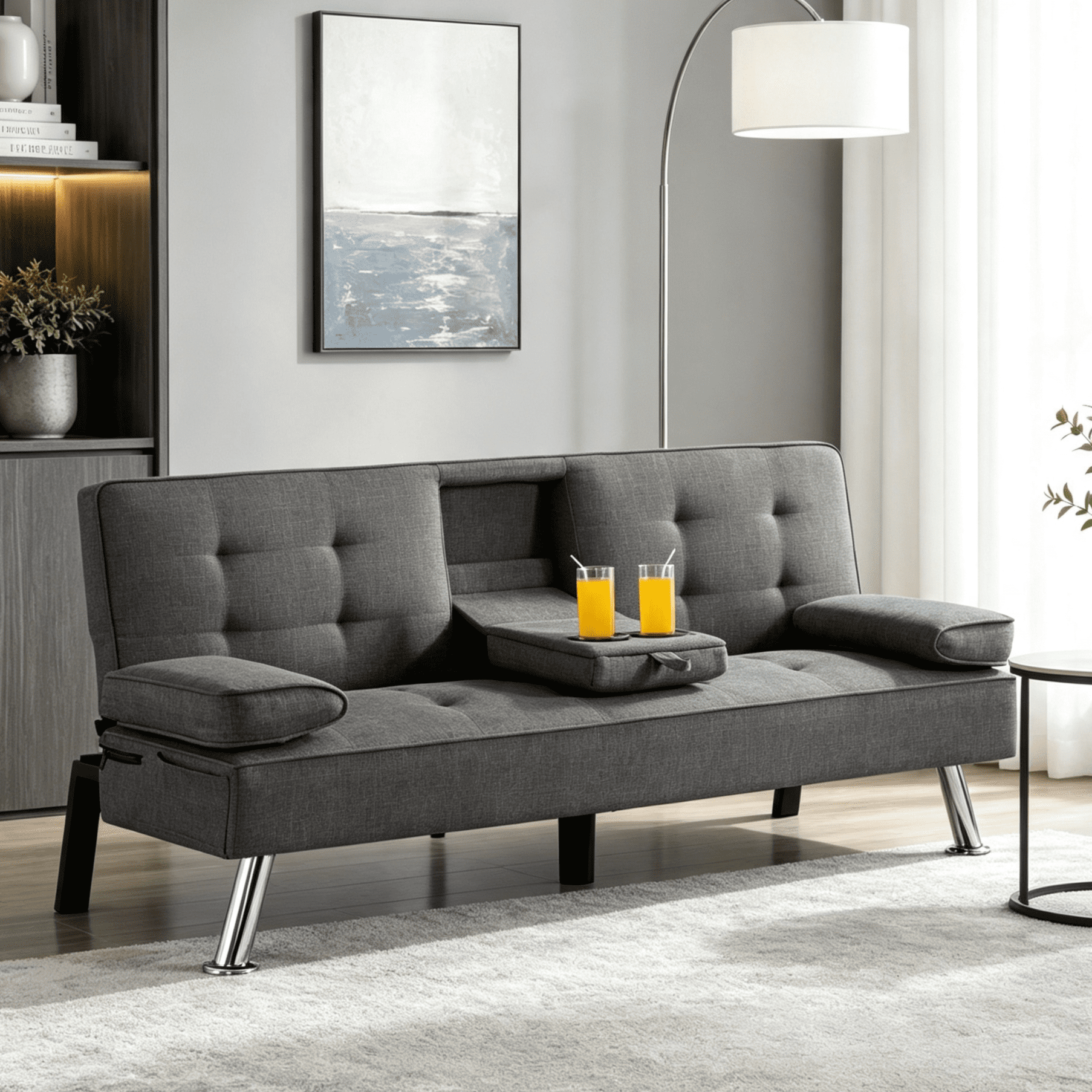 Gewnee 65.3" 3‑in‑1 Convertible Futon Sleeper Sofa, Polyester Foldable Sleeper Couch with Adjustable Backrest,Sofa Bed with Cup Holders & Storage Bag for Small Apartments，Dark Gray
