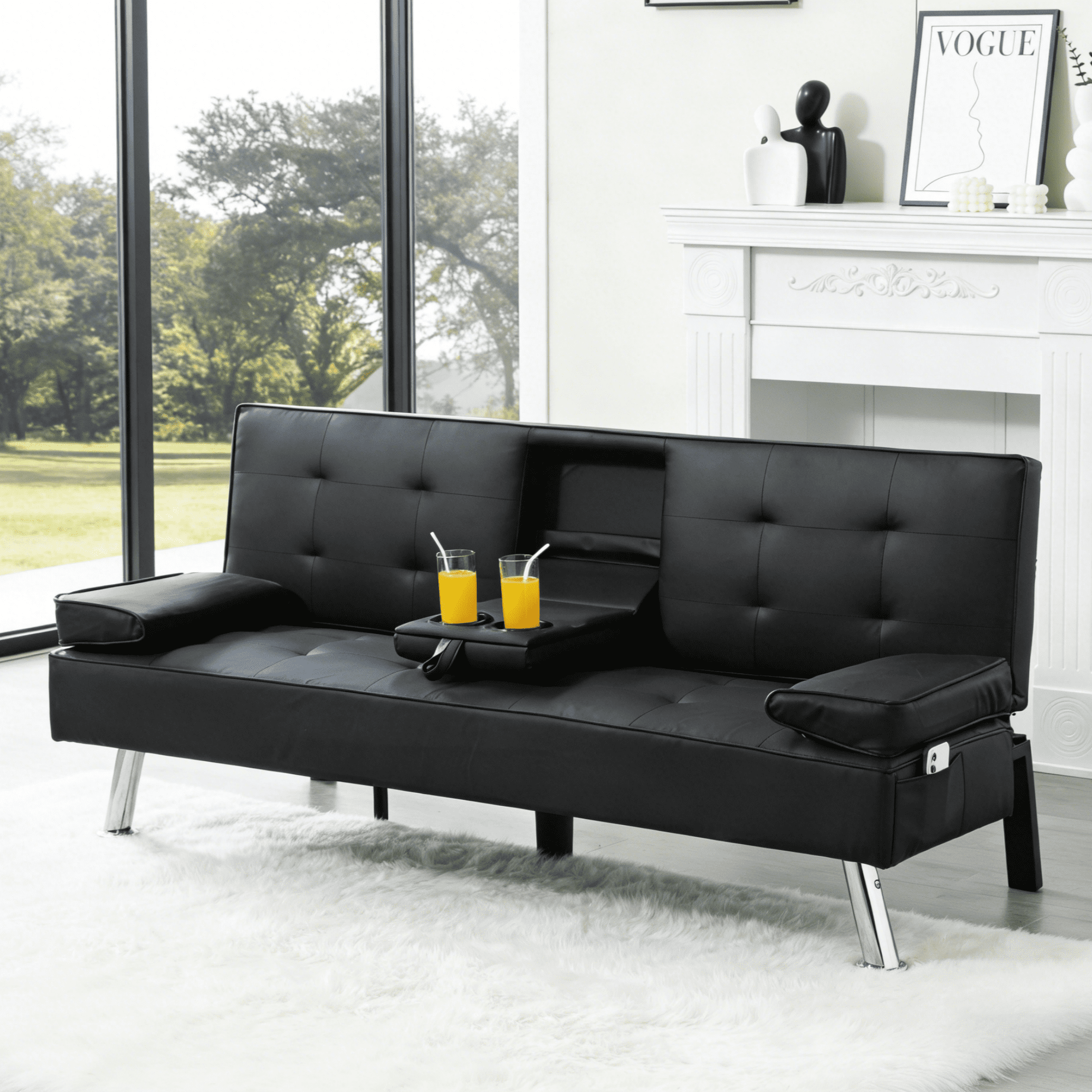Gewnee 65.35"Faux Leather Futon Sofa Bed Sleeper with Adjustable Backrest,Cup Holders and Storage Pocket for Living Room,Home Office,Guest Room,Black