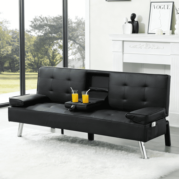 Gewnee 65.35"Faux Leather Futon Sofa Bed Sleeper with Adjustable Backrest,Cup Holders and Storage Pocket for Living Room,Home Office,Guest Room,Black