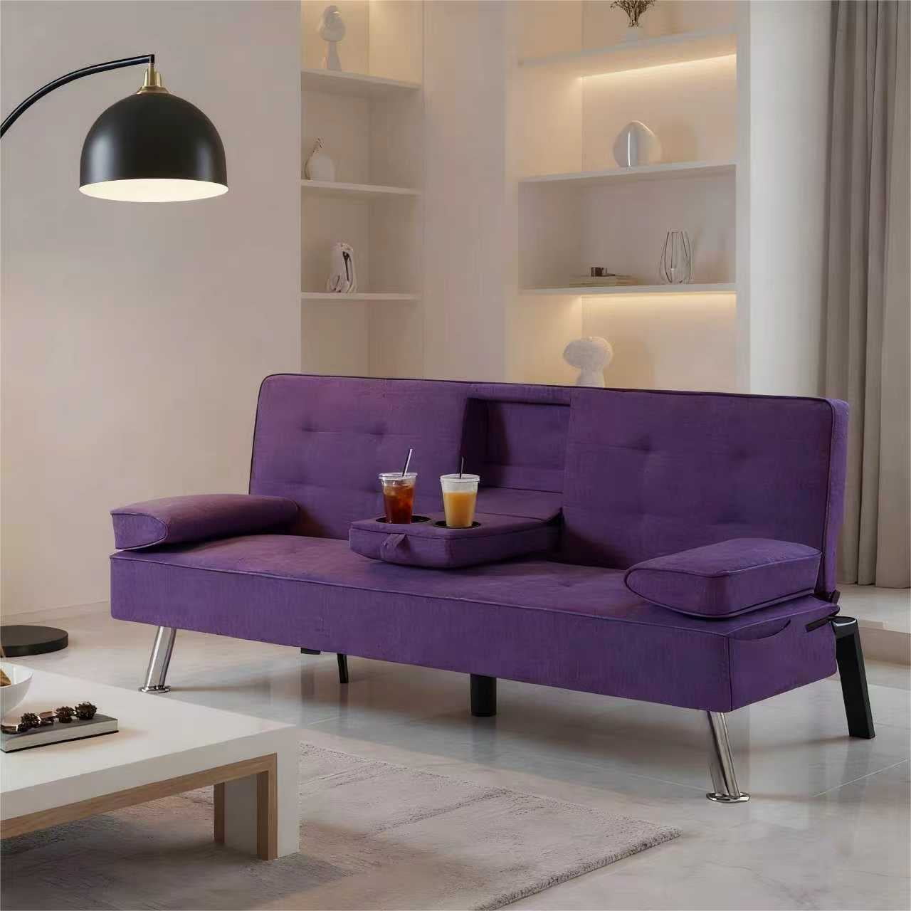 Gewnee 65.3 Inch Modern Futon Sleeper Sofa Bed Convertible Folding Recliner Couch Furniture with 2 Cup Holders for Living Room.Purple