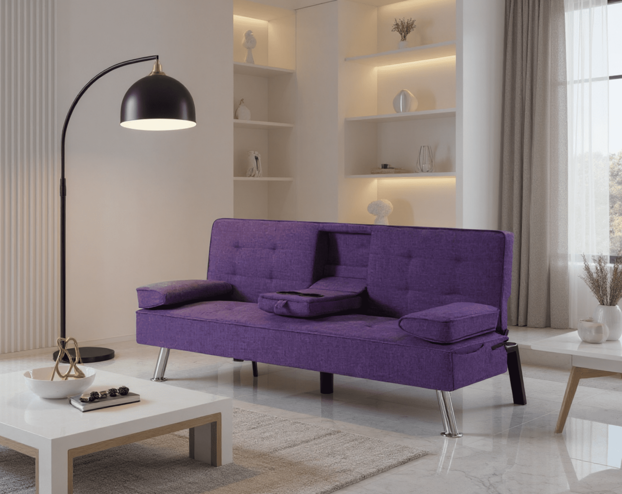Gewnee 65.3 Inch Modern Futon Sleeper Sofa Bed Convertible Folding Recliner Couch Furniture with 2 Cup Holders for Living Room.Purple