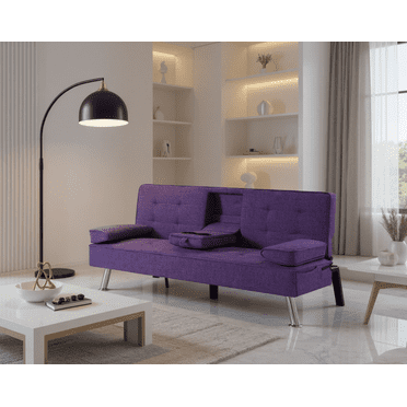 Gewnee 65.3 Inch Modern Futon Sleeper Sofa Bed Convertible Folding Recliner Couch Furniture with 2 Cup Holders for Living Room.Purple