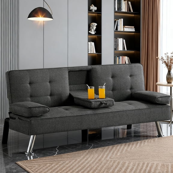 Gewnee 65.3"Modern Futon Sofa Bed,Folding Futon with Cup Holders and Storage Side Pocket,Sleeper Sofa for Small Space or Offices.Dark Grey
