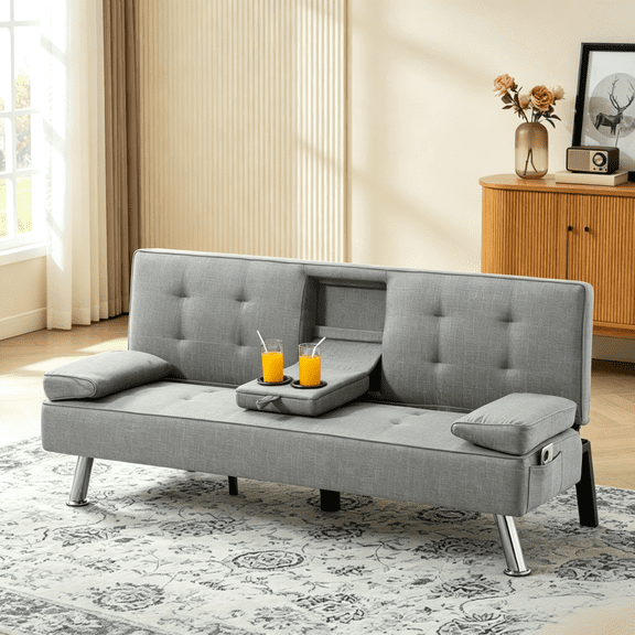 Gewnee 65.35"Futon Sofa Bed,Foldable Sleeper Sofa with 2 Cup Holders,5 Adjustable Positions,Modern Couch for Home and Guest Room.Light Grey
