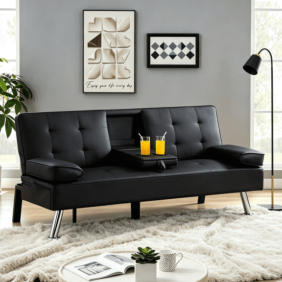 Gewnee 65.3" PU Leather 3-in-1 Convertible Futon Sofa Bed, Adjustable Backrest Sleeper Sofa with Cup Holder & Storage Bag, Foldable Sofa for Apartment, Office & Small Living Spaces, Black