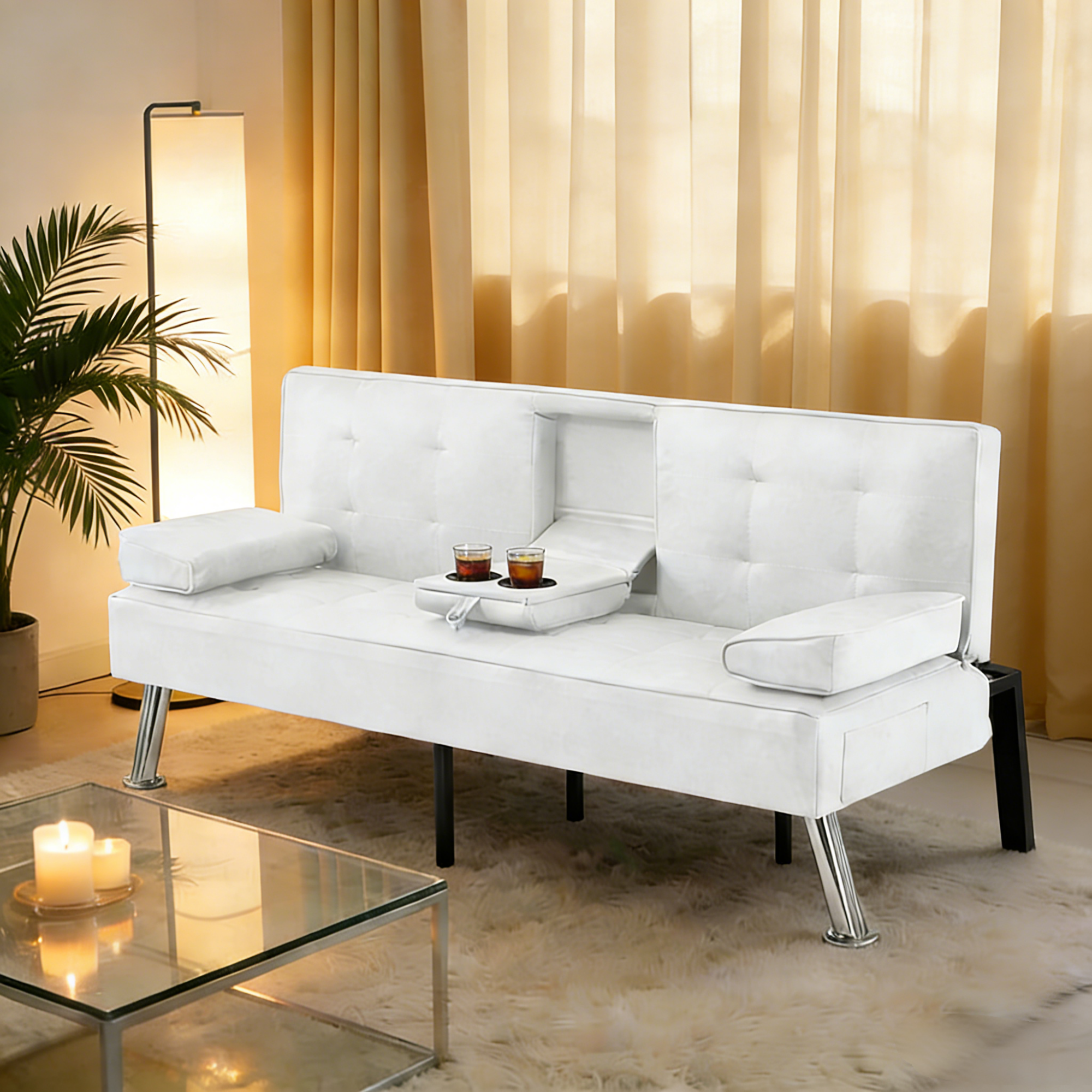 Gewnee 69.49''Modern Futon Sofa Bed,Sleeper Sofa with Cup Holders,Adjustable Backrest and Storage Side Pocket,Suitable for Small Space and Offices.White