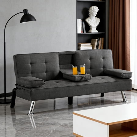 Gewnee 65.3 Inch Modern Futon Sofa,Sleeper Sofa with Cup Holders,Adjustable Backrest and Storage Side Pocket,Suitable for Small Space and Offices.Dark Grey