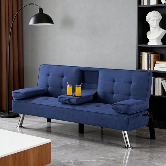Gewnee 65.3 Inch Modern Futon Sofa,Sleeper Sofa with Cup Holders,Adjustable Backrest and Storage Side Pocket,Suitable for Small Space and Offices.Navy Blue