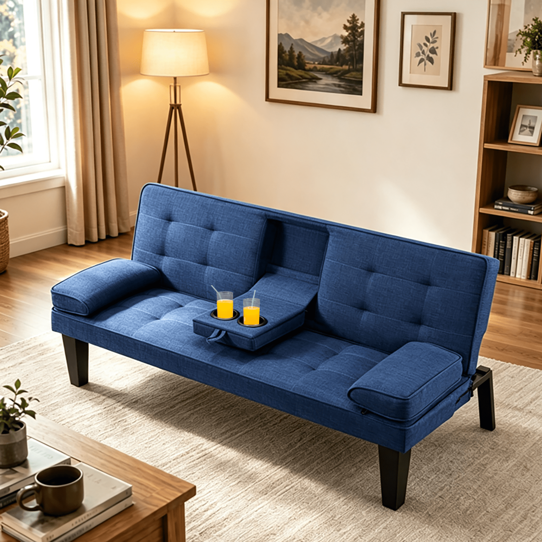 Gewnee 65" 3‑in‑1 Convertible Futon Sleeper Sofa,Polyester Foldable Sleeper Couch with Adjustable Backrest,Sofa Bed with Cup Holders for Small Apartments & Office，Navy Blue