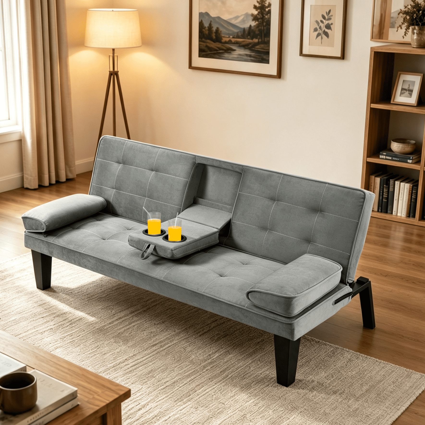 Gewnee 65" 3‑in‑1 Convertible Futon Sleeper Sofa,Velvet Foldable Sleeper Couch with Adjustable Backrest,Sofa Bed with Cup Holders for Small Apartments & Office，Light Grey