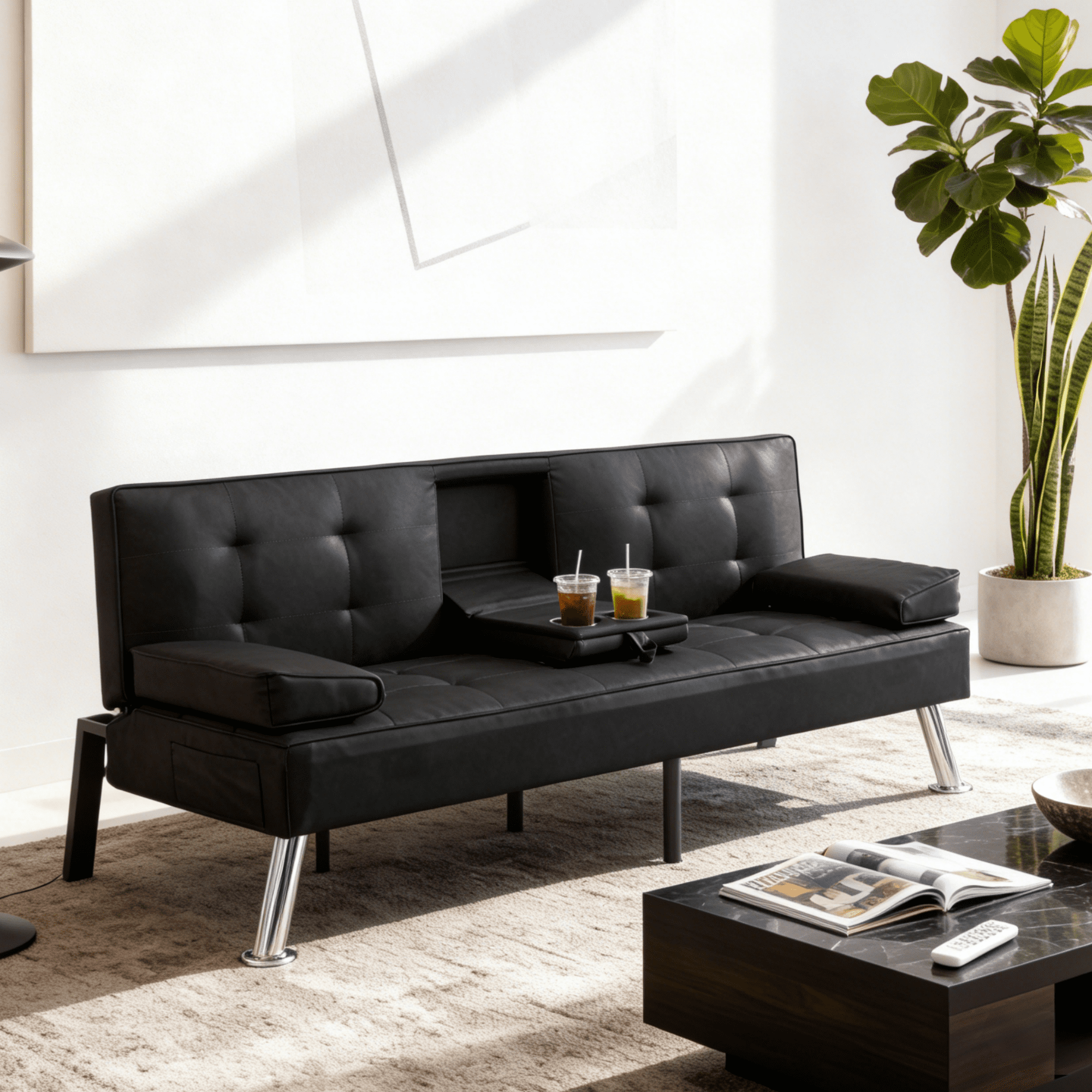Gewnee 69.49 inch Foldable Sofa Bed,Adjustable Recliner Angle with 2 Cup Holders,Metal Chrome Legs,Suitable for Living Room/Guest Room/Office