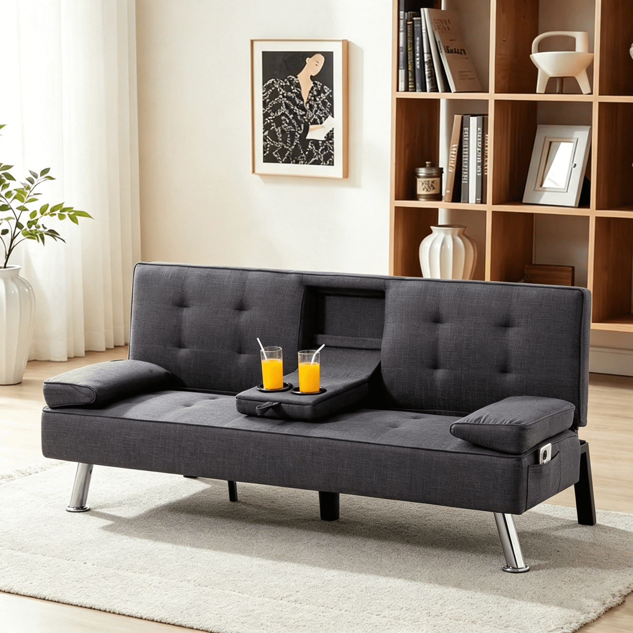 Gewnee 65.35" 3‑in‑1 Convertible Futon Sleeper Sofa,Sofa Bed with Cup Holders & Storage Bag ,Polyester Foldable Sleeper Couch with Adjustable Backrest for Small Apartments & Office，Dark Gray