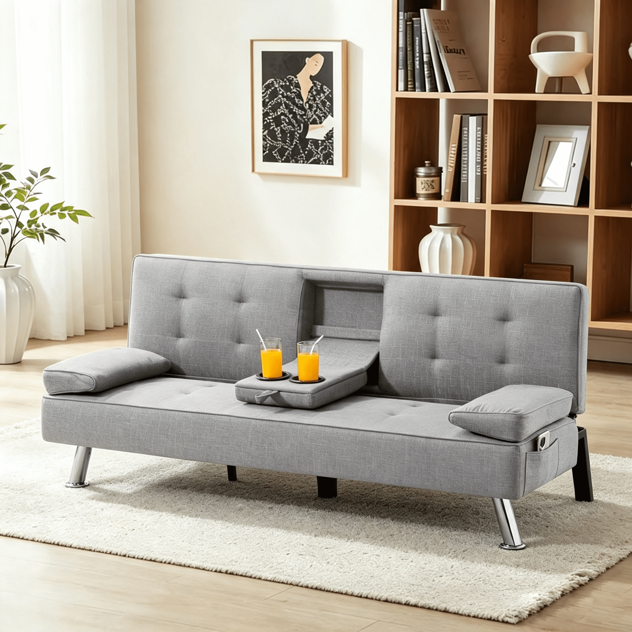 Gewnee 65.35" 3‑in‑1 Convertible Futon Sleeper Sofa,Sofa Bed with Cup Holders & Storage Bag ,Polyester Foldable Sleeper Couch with Adjustable Backrest for Small Apartments & Office，Light Grey