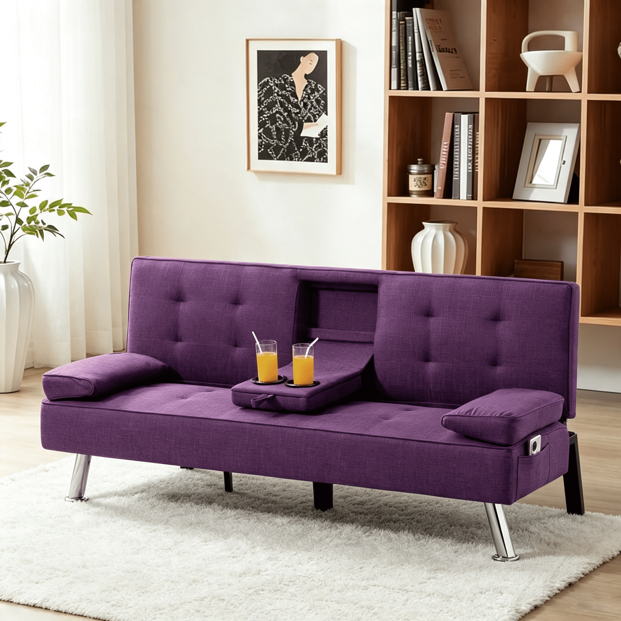 Gewnee 65.35" 3‑in‑1 Convertible Futon Sleeper Sofa,Sofa Bed with Cup Holders & Storage Bag ,Polyester Foldable Sleeper Couch with Adjustable Backrest for Small Apartments & Office，Purple