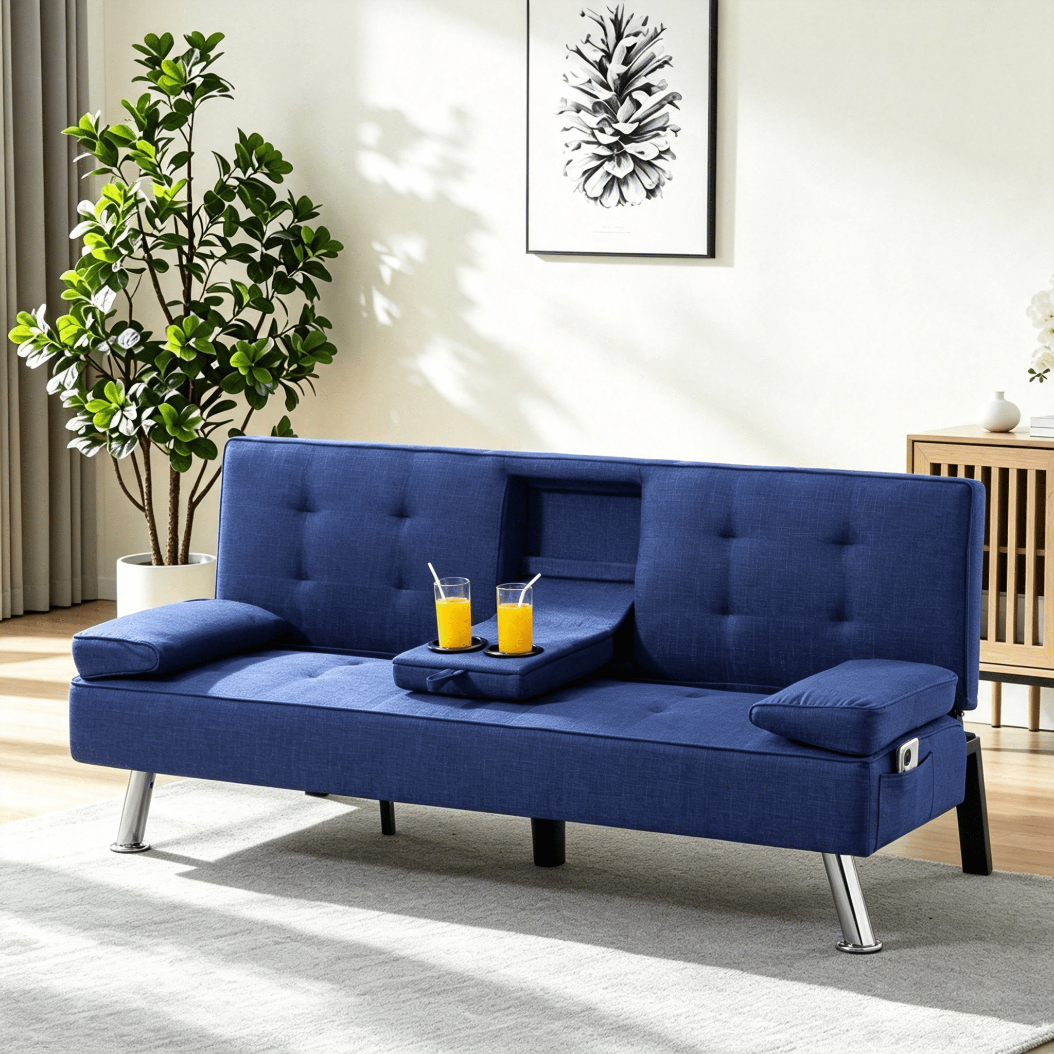 Gewnee 65.35" 3‑in‑1 Convertible Futon Sleeper Sofa,Sofa Bed with Cup Holders & Storage Bag ,Polyester Foldable Sleeper Couch with Adjustable Backrest for Small Apartments & Office，Navy Blue