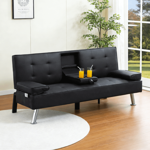Gewnee 65.35”Futon Sofa Bed,5 Adjustable Positions with 2 Cup Holders & Storage Side Pocket,Suitable for Offices and Apartments.Black