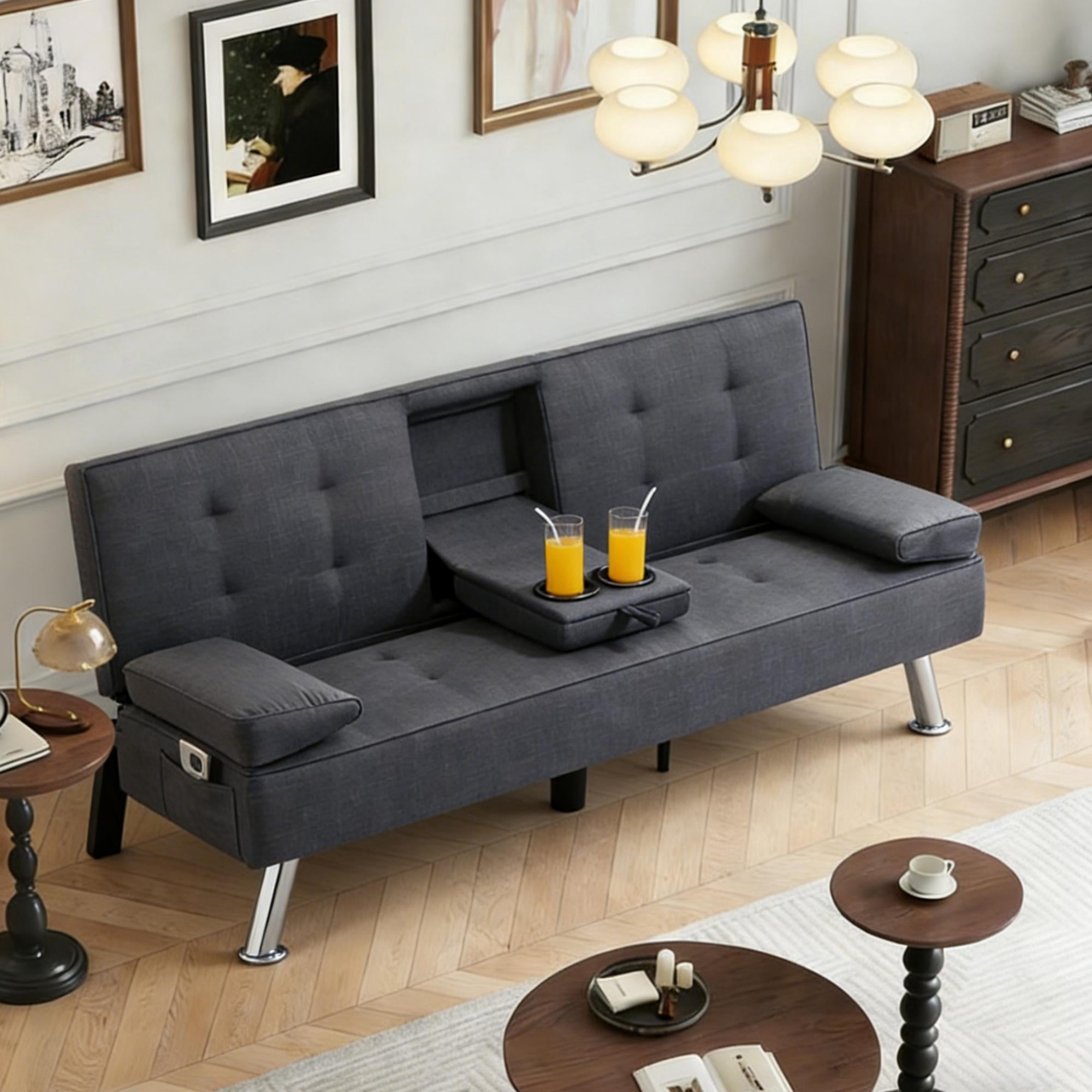 Gewnee 65.35”Futon Sofa Bed,5 Adjustable Positions with 2 Cup Holders ...