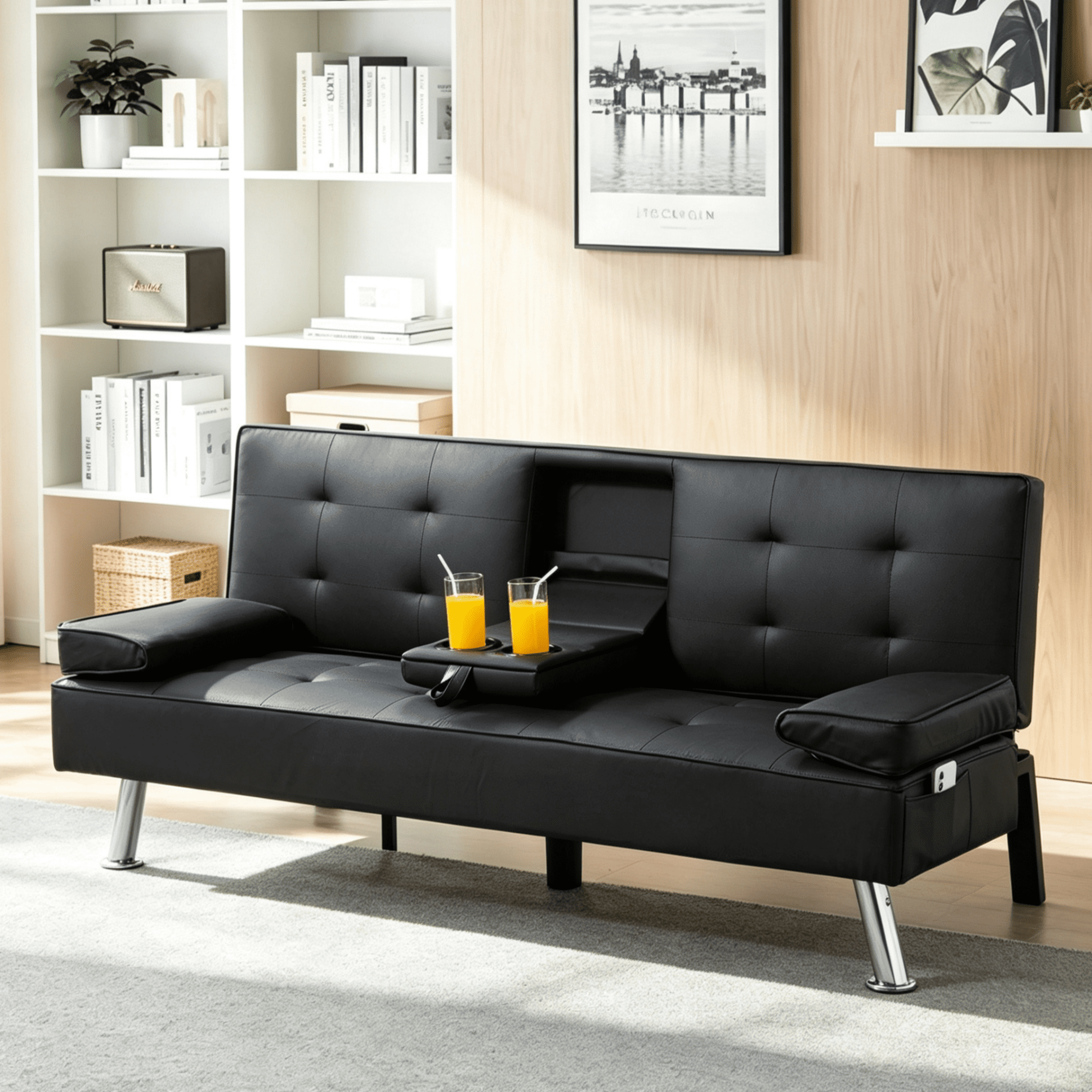 Gewnee 65.35"Futon Sofa Bed,Foldable Sleeper Sofa with 2 Cup Holders,5 Adjustable Positions,Modern Couch for Home and Guest Room.Black