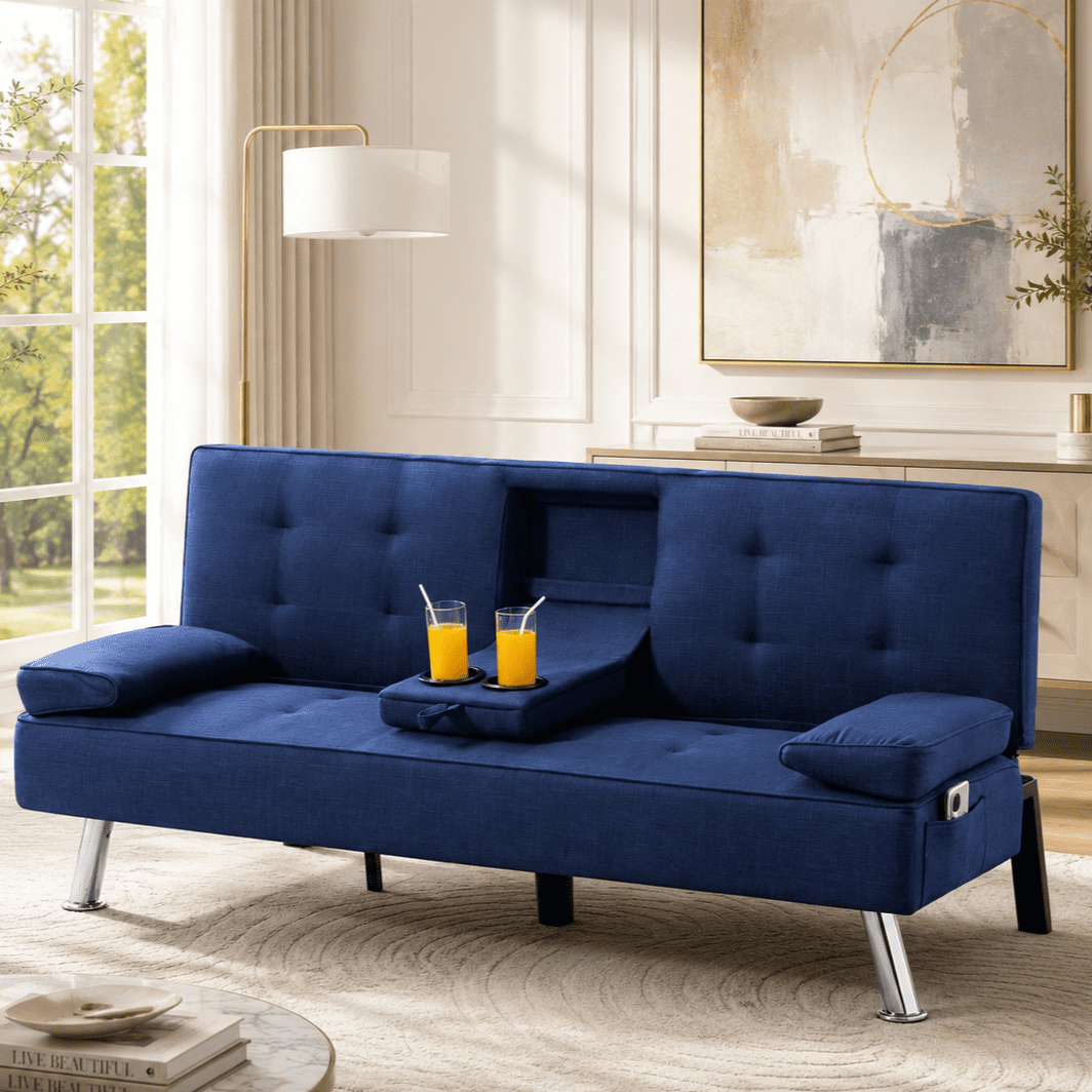 Gewnee 65.35" Futon Sofa Bed,Folding Loveseat Recliner with Cup Holders,Modern Couch for Guest Room,Navy Blue