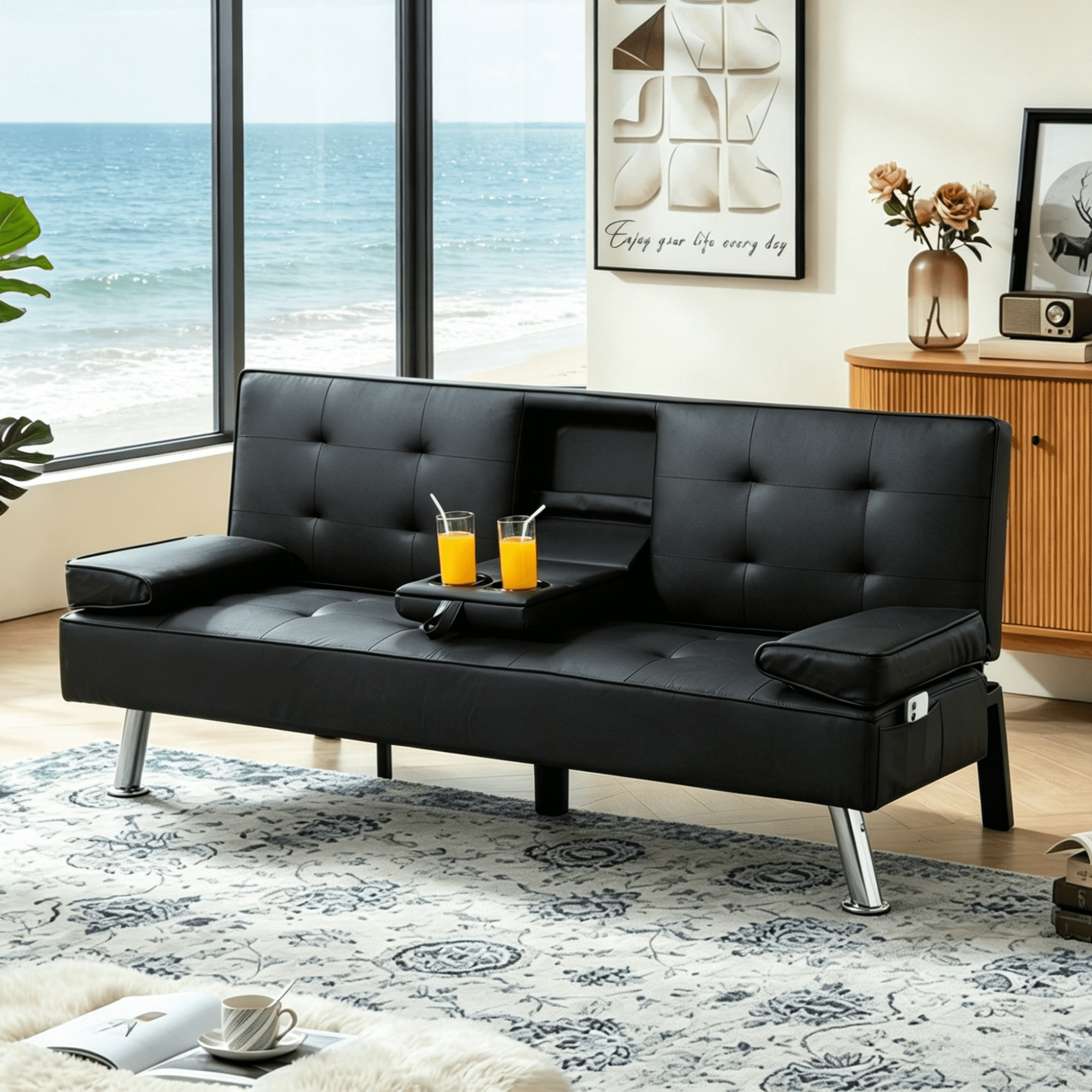 Gewnee 65.35"Futon Sofa Bed,Foldable Sleeper Sofa with 5 Adjustable Angles,Cup Holders & Side Storage Pocket,Ideal for Home,Office,Guest Room.Black