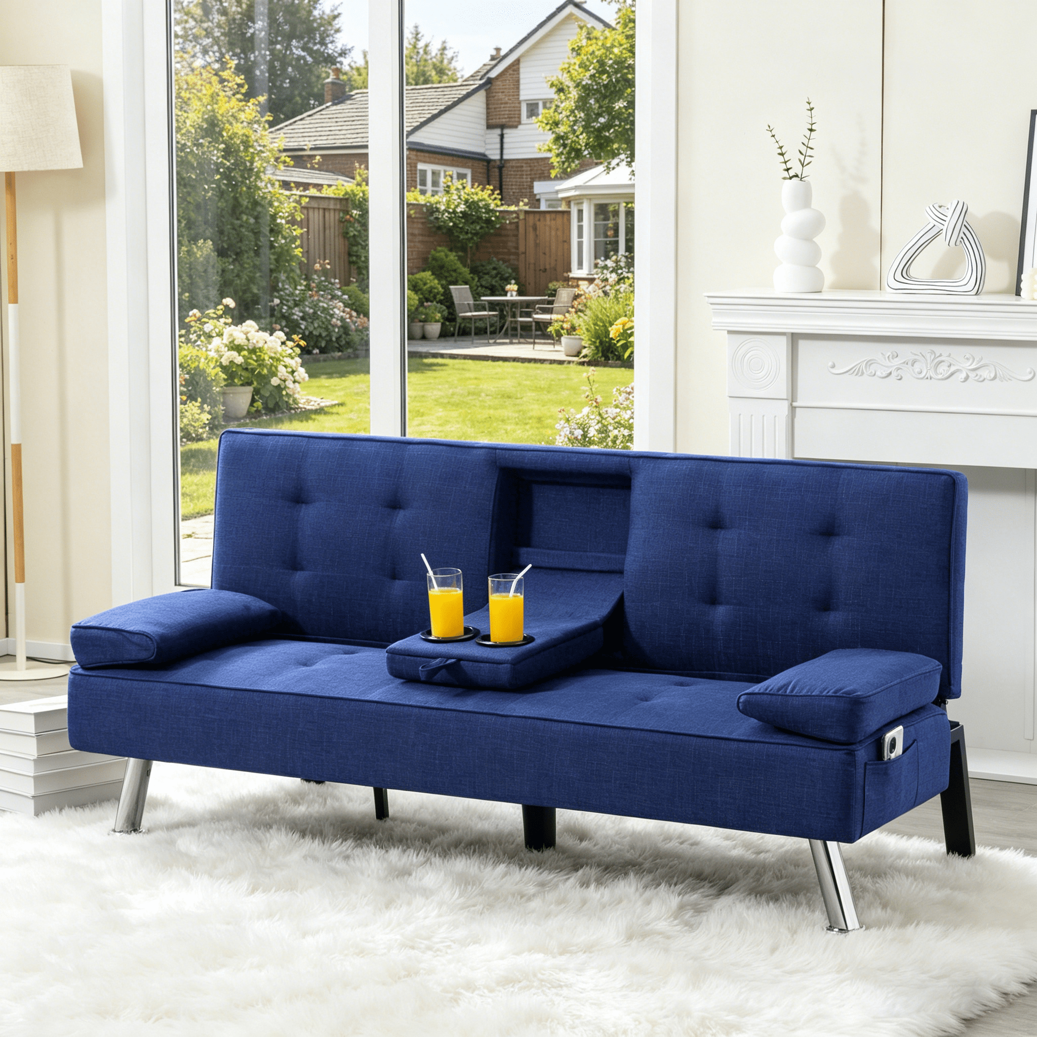 Gewnee 65.35" Futon Sofa Bed,Foldable Sleeper Sofa with 2 Cup Holders,5 Adjustable Positions,Modern Couch for Home and Guest Room.Navy Blue