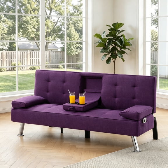 Gewnee 65.35" Futon Sofa Bed,Folding Loveseat Recliner with Cup Holders for Guest Room,Purple