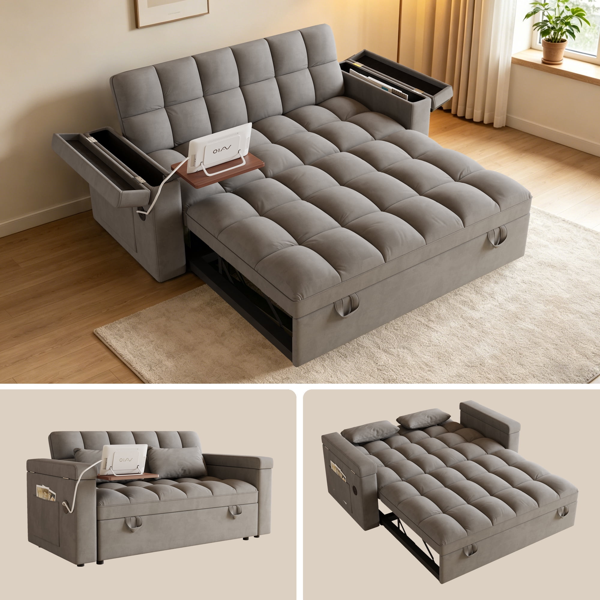 Gewnee 65" Foldable Sofa Bed with Table Board & USB,5-Level Adjustable Backrest & Pillow & Storage Armrests,Space-Saving for Living Room,Apartment,Office.Dark Grey