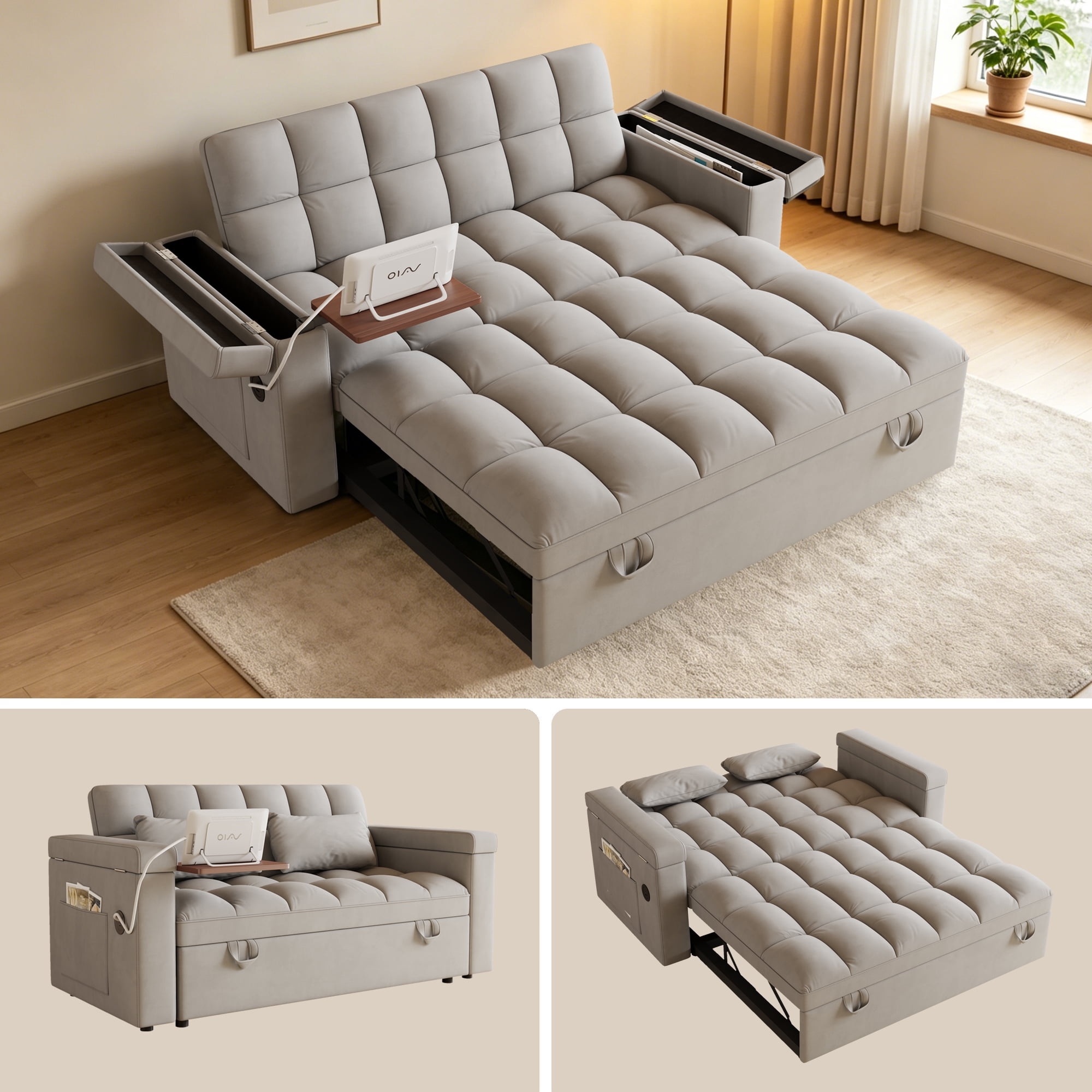 Gewnee 65" Foldable Sofa Bed with Table Board & USB,5-Level Adjustable Backrest & Pillow & Storage Armrests,Space-Saving for Living Room,Apartment,Office.Light Grey