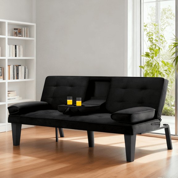 Gewnee 65''Futon Sofa Bed,3-Position Adjustable Folding Multi-Functional Sleeper Sofa with Cup Holder,Suitable for Living Room,Office and Guest Room.(Black)